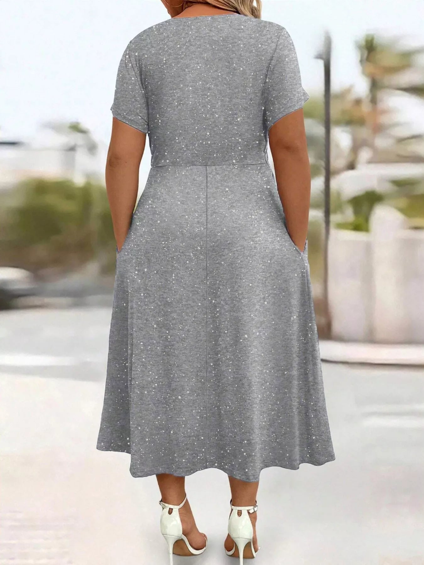 Full Size Glitter Flutter Sleeve Midi Dress Plus Size