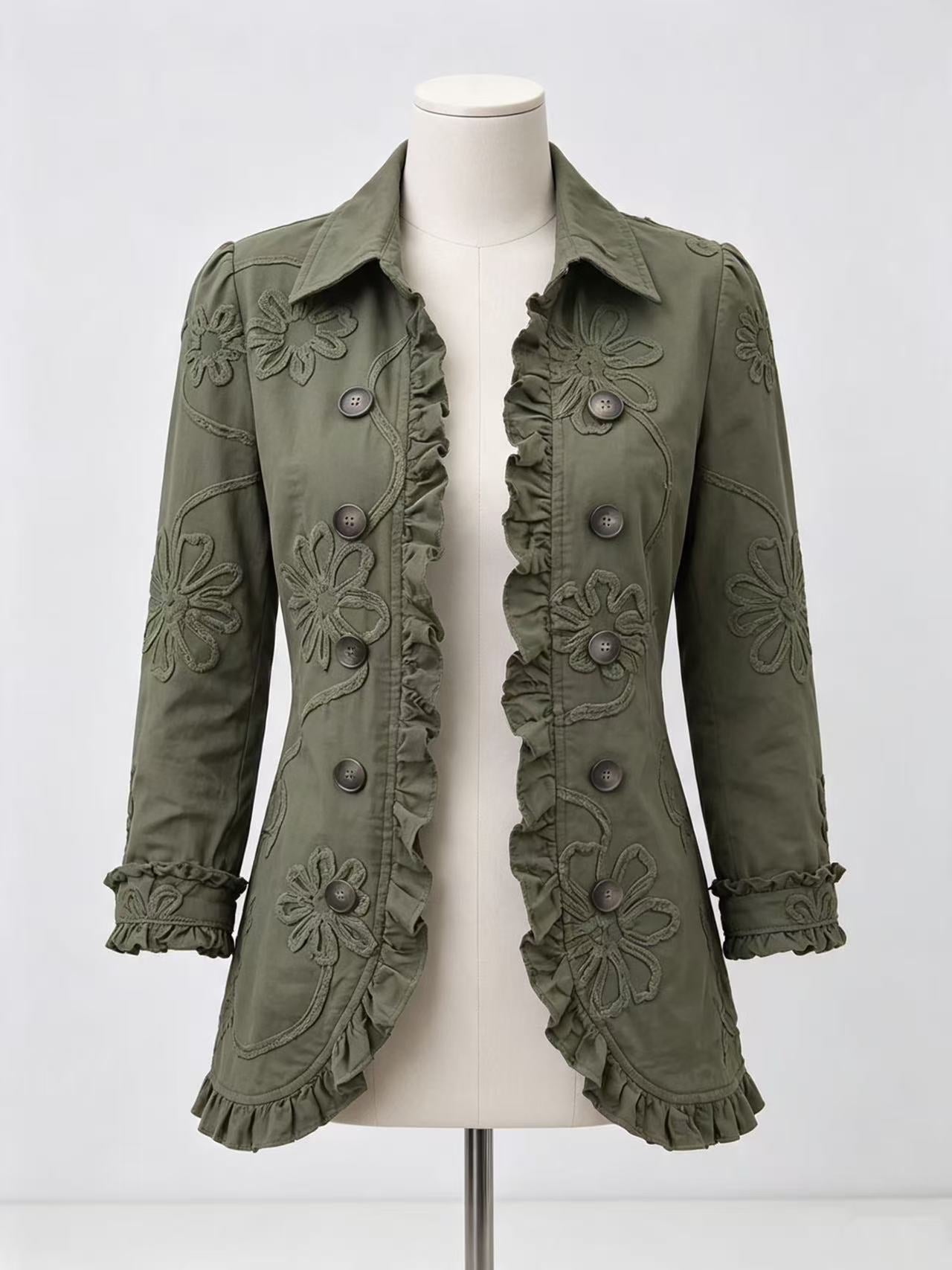 Floral Embroidered Ruffle Trim Double-Breasted Boho Jacket