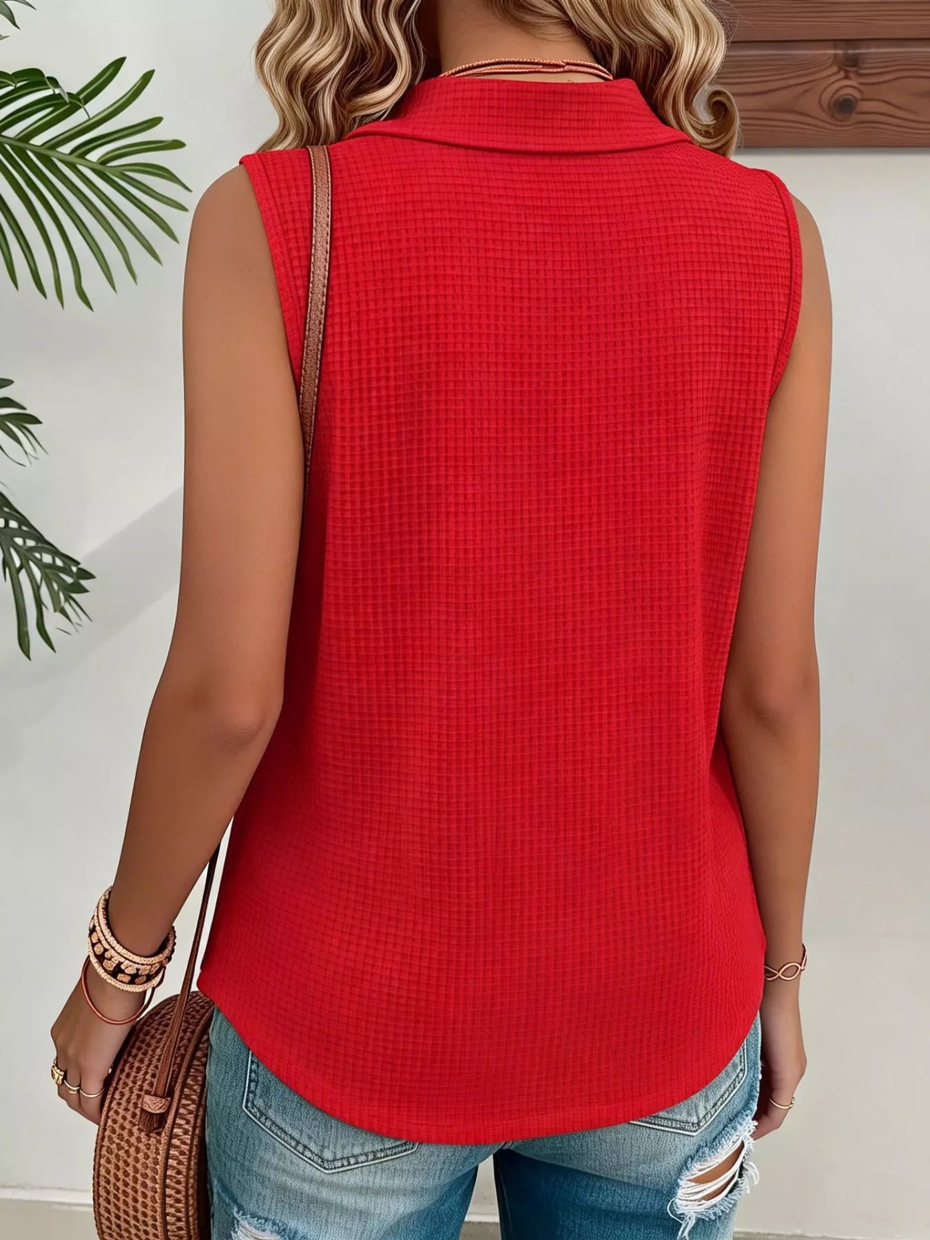 Full Size Waffle Knit Button Detail Sleeveless Top Plus Size