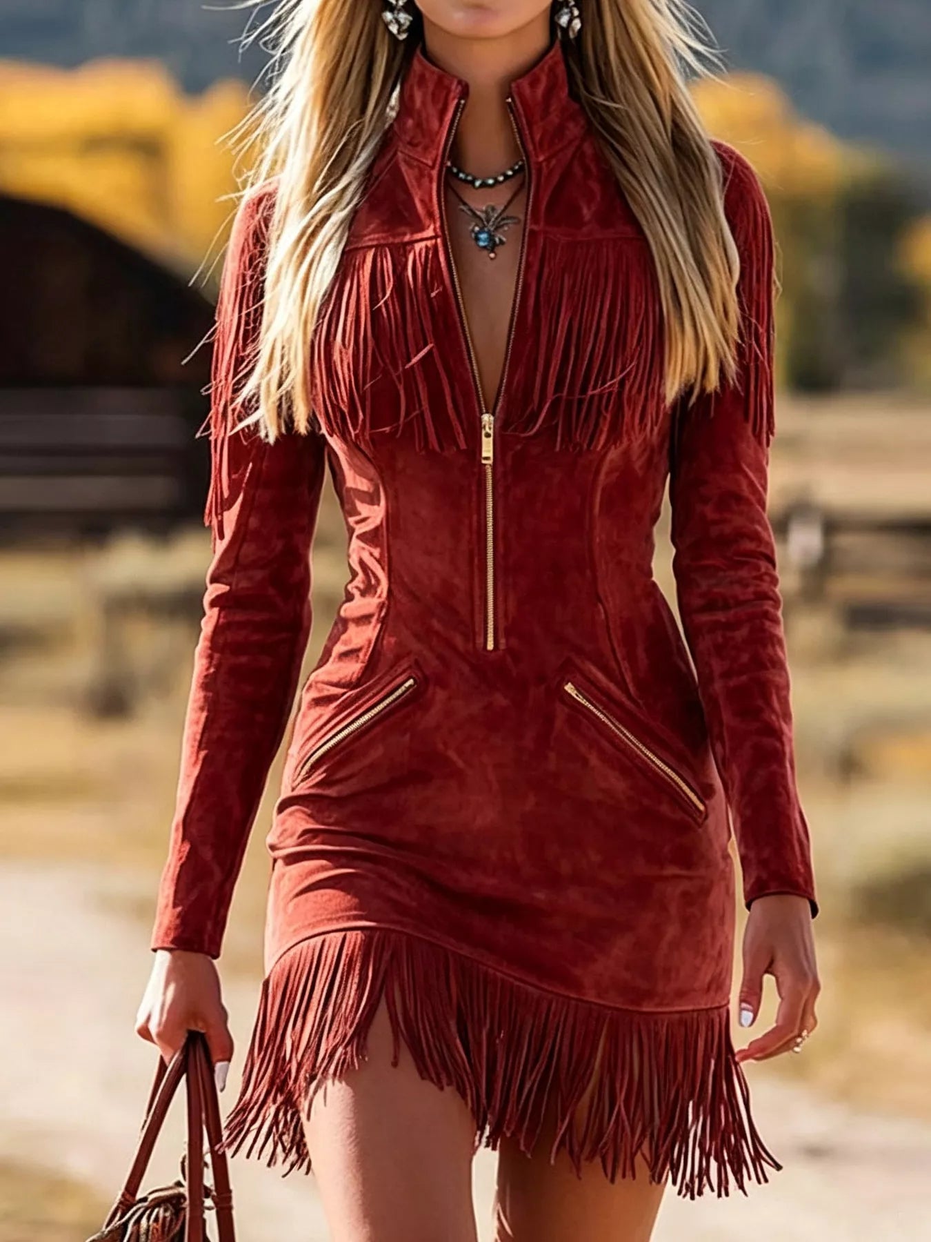 Fringed Zip-Front Mini Dress
