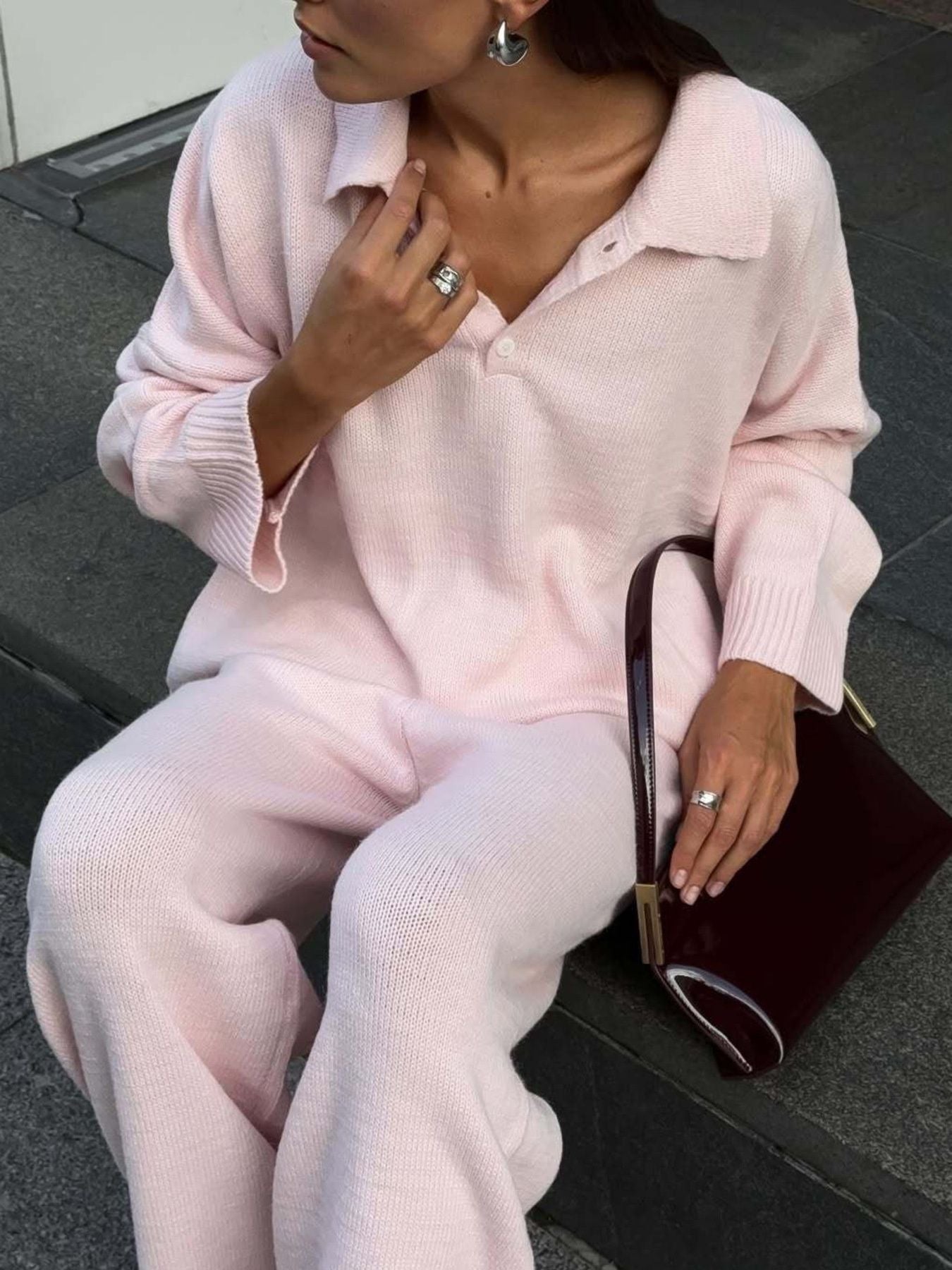 Polo Collar Top and Wide Leg Pants Knit Set
