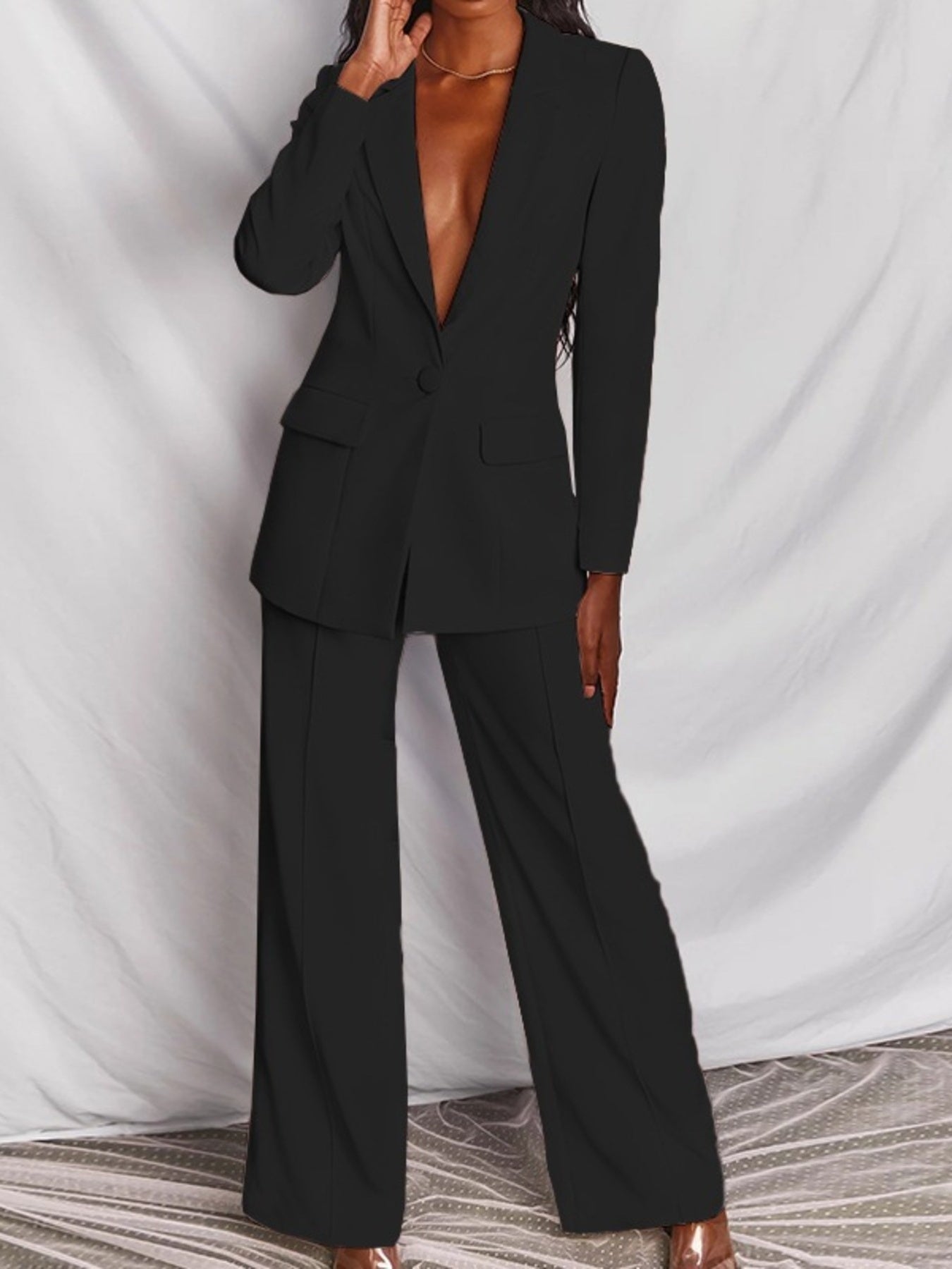 Full Size One Button Blazer and Wide-Leg Pants Set Plus Size