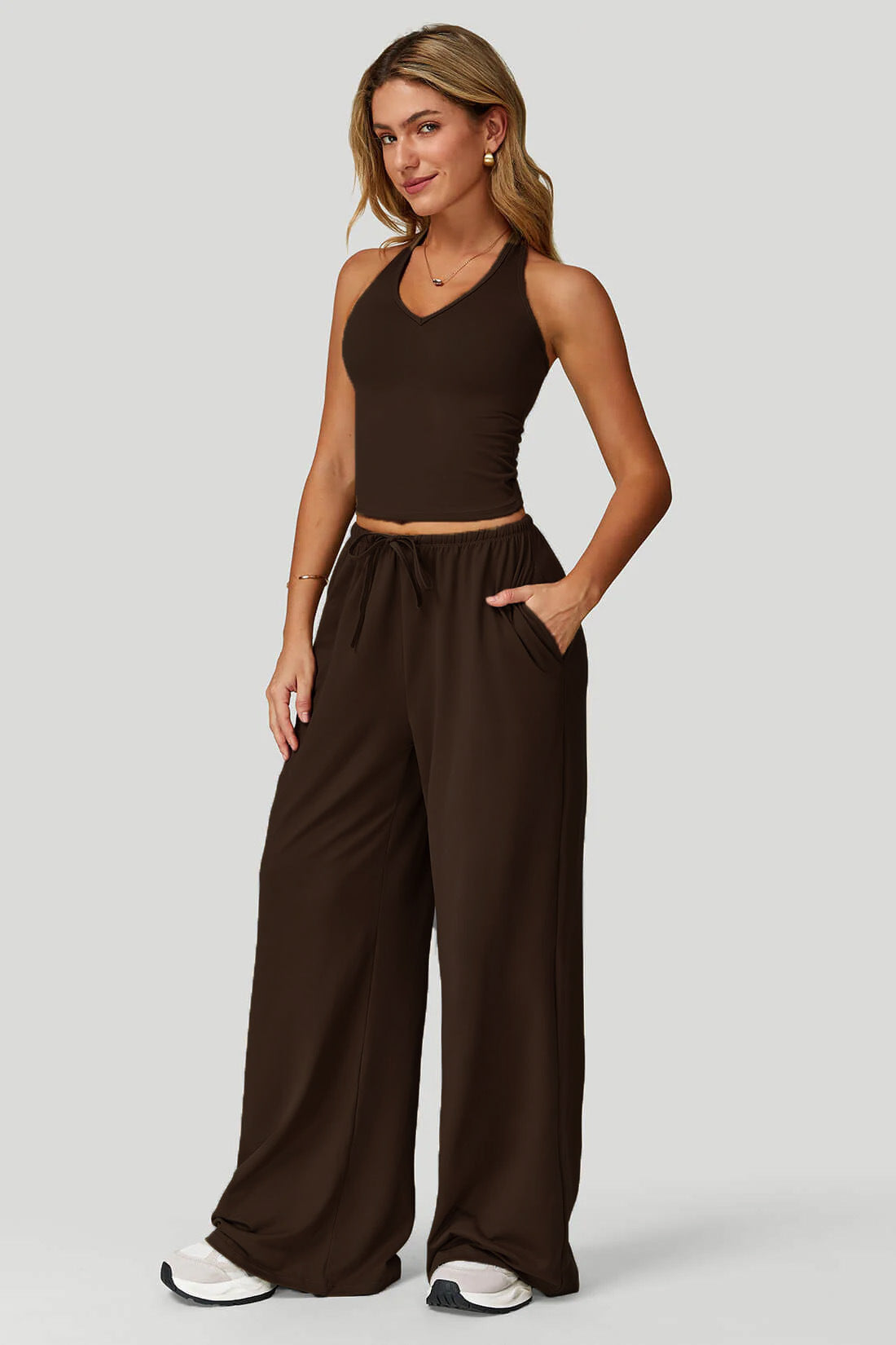 Women's Sporty Crop Tank & Wide-Leg Pants Set
