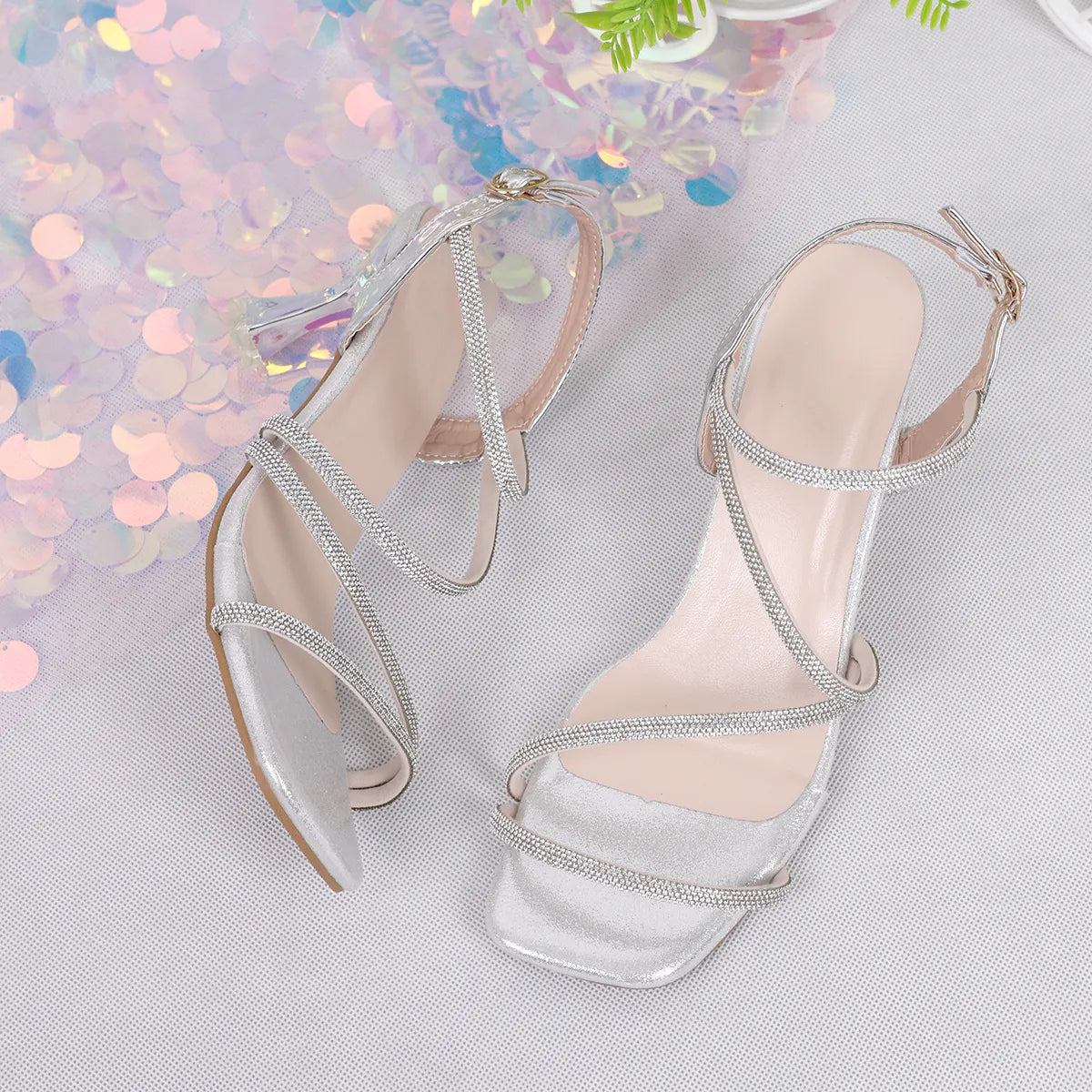 Strappy Heel Sandals with Rhinestone Chain Ankle Strap
