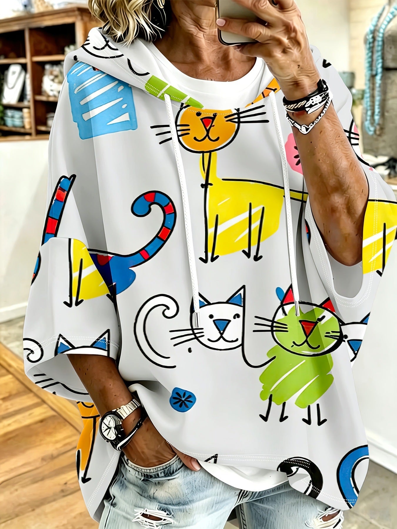 Cartoon Cat Print Hoodie with 3/4 Sleeves & Drawstring