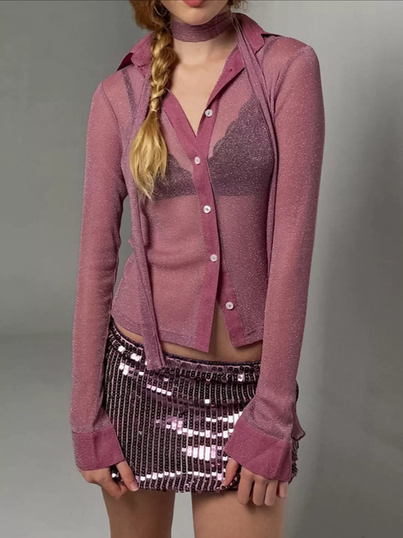 Button Down Long Sleeve Shirt with Scarf