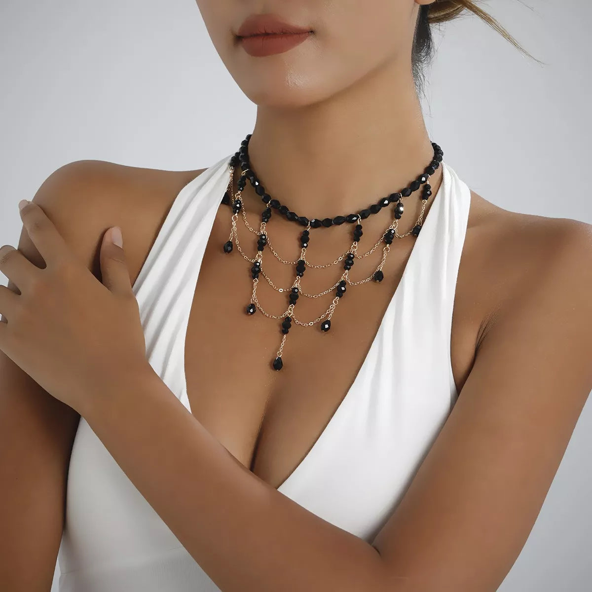 Beaded Choker Necklace with Draping Chains