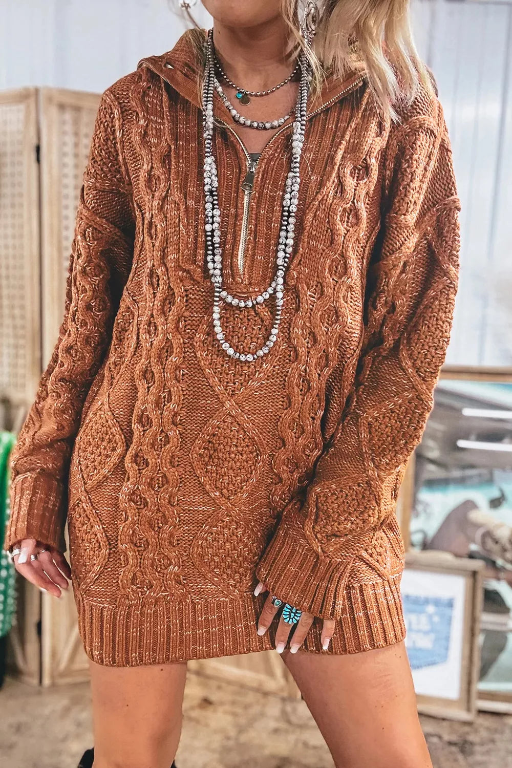 Zip-Up Cable Knit Drop Shoulder Sweater Dress