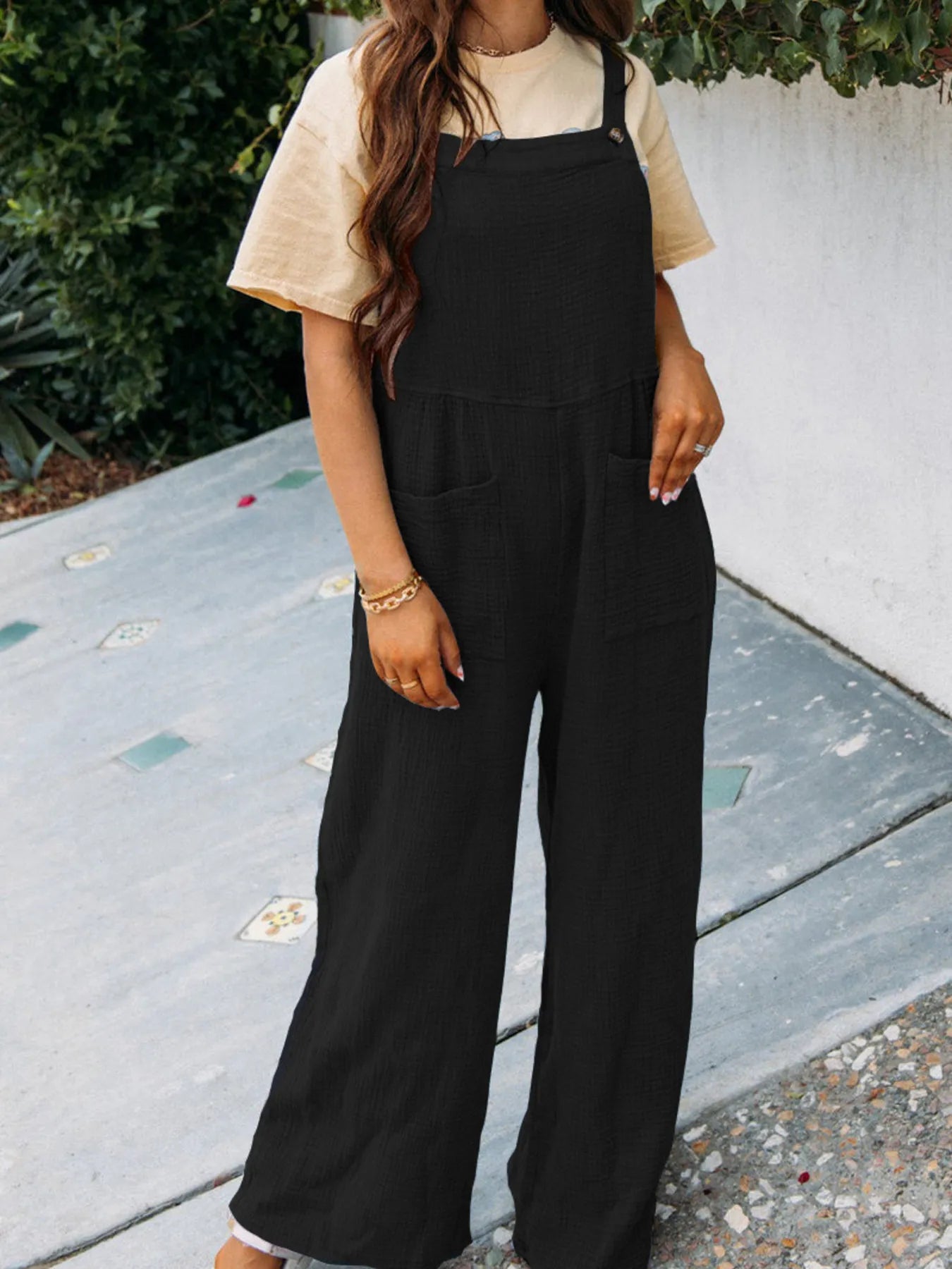 Full Size Casual Wide Leg Textured Overalls Plus Size