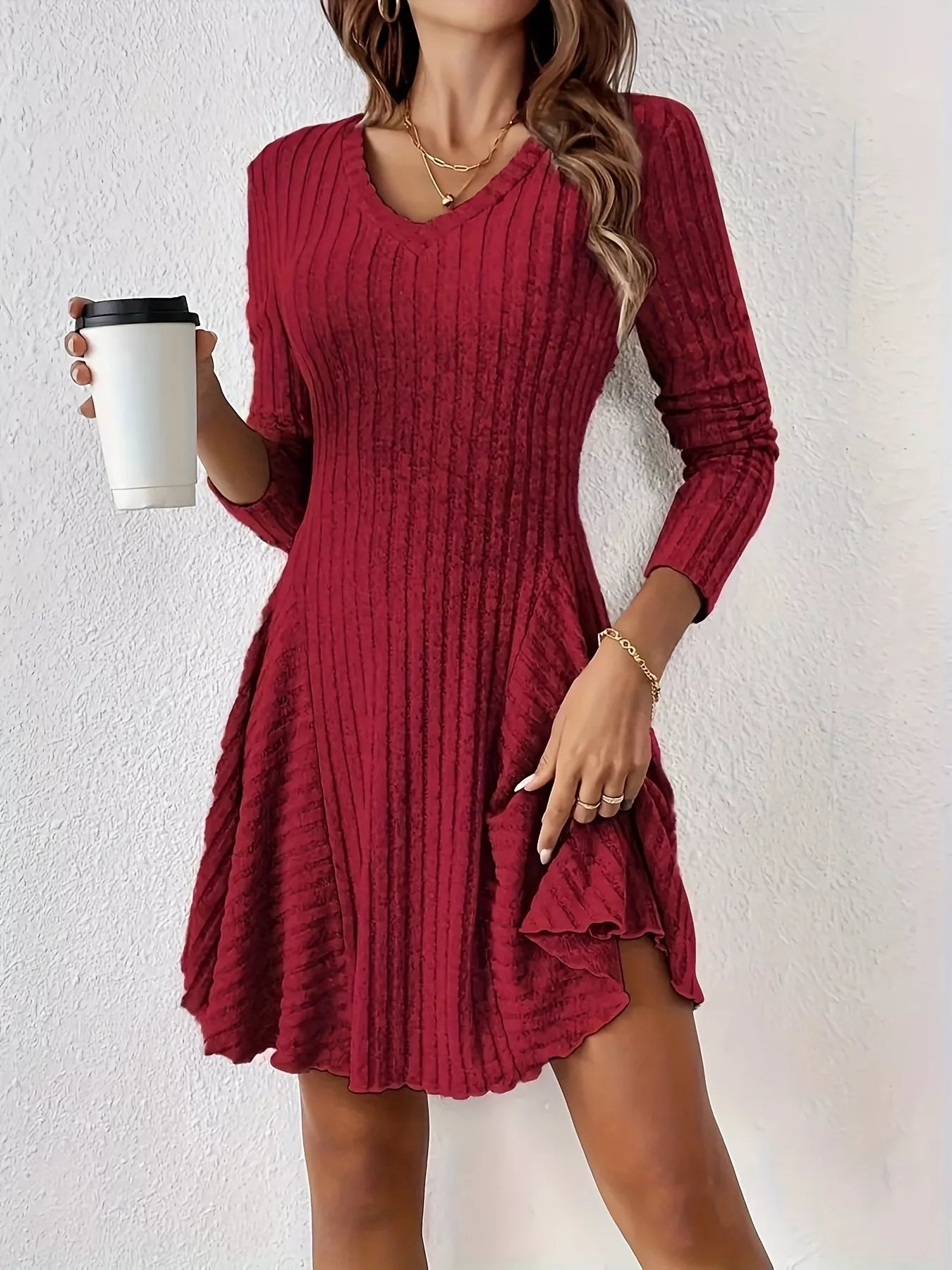 V-Neck Ribbed Knit Flared Knit Dress