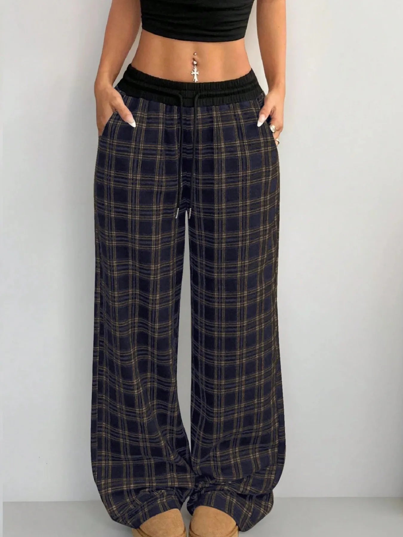 Plaid Wide Leg Pants with Drawstring Waist