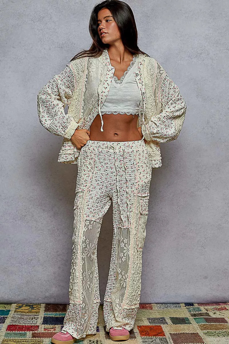 POL Floral Balloon Sleeve Hooded Lace Jacket with Stitch Detail