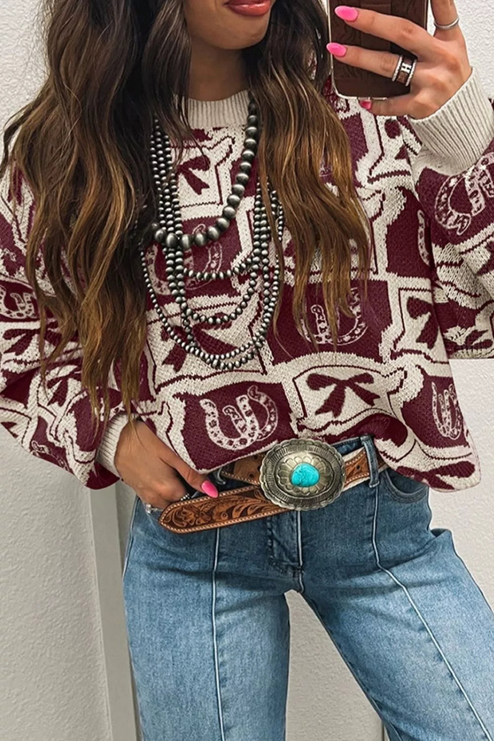 Bows & Horseshoes Pattern Western Round Neck Sweater