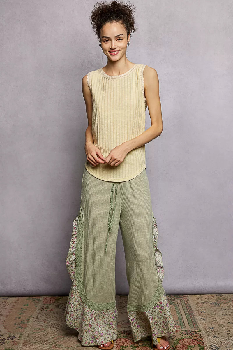 POL Ribbed Round Neck Tank with Lace Trim