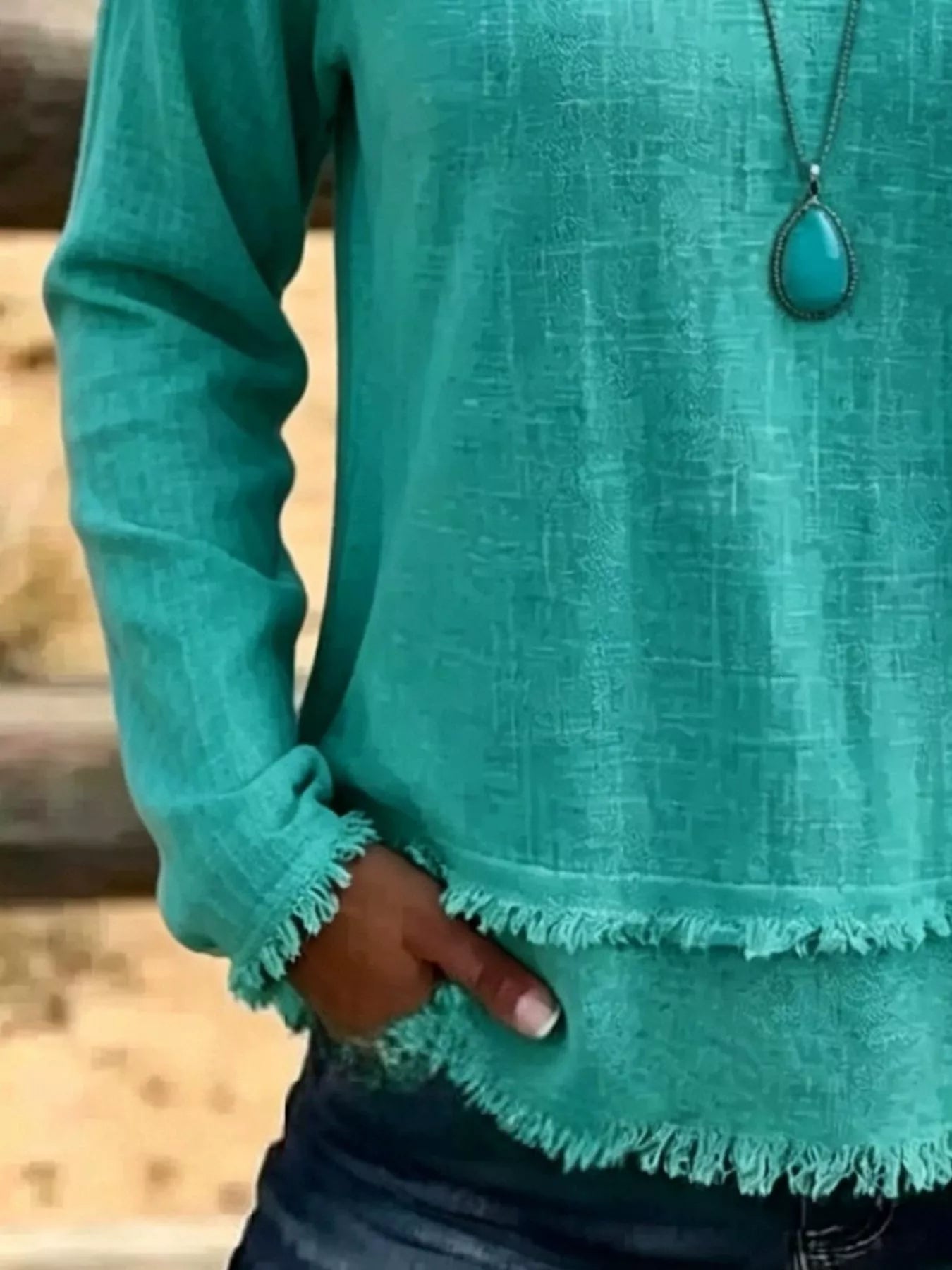 V-Neck Long Sleeve Blouse with Frayed Hem Detail