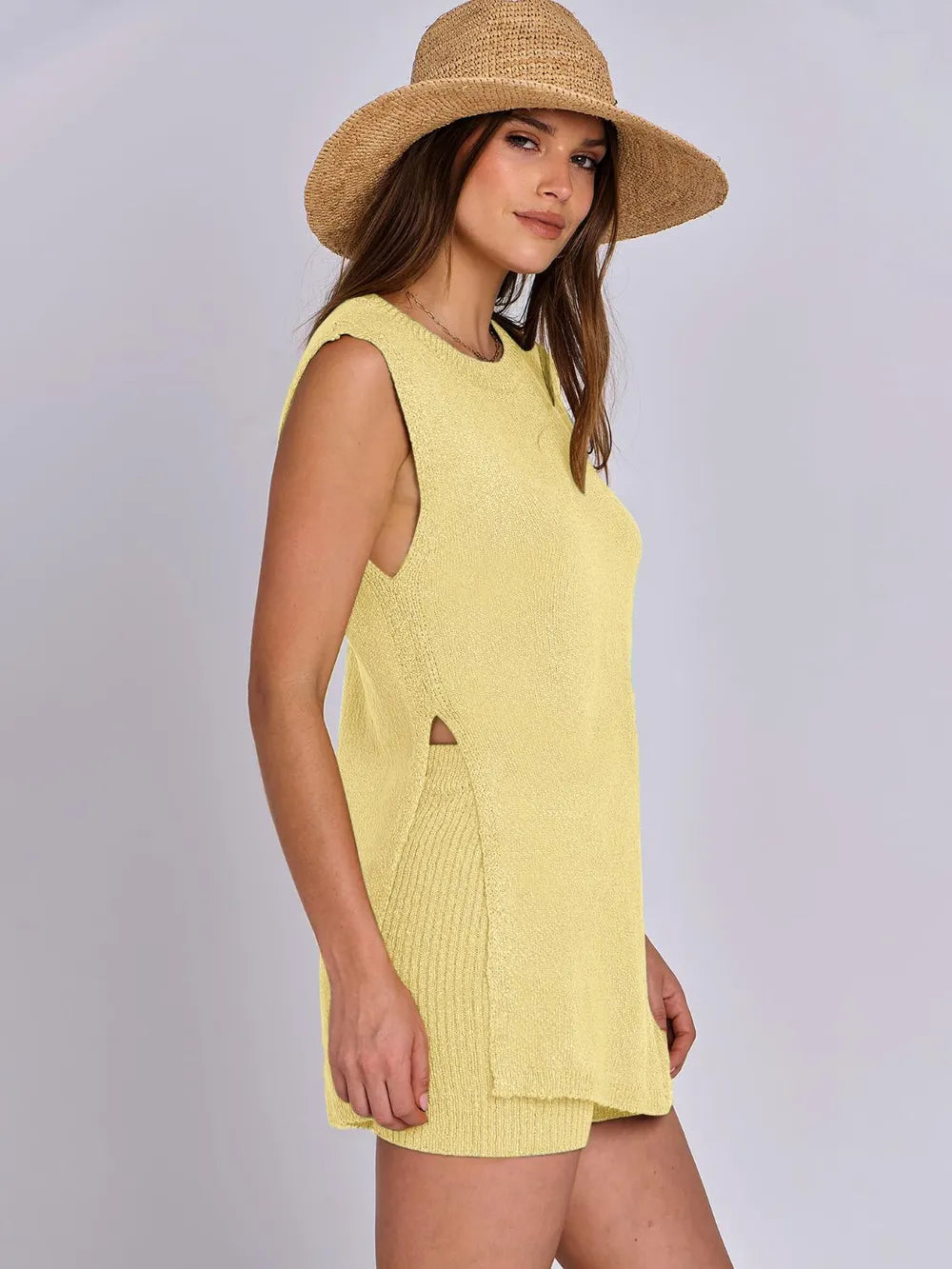 Side Slit Round Neck Tank and Ribbed Shorts Sweater Set