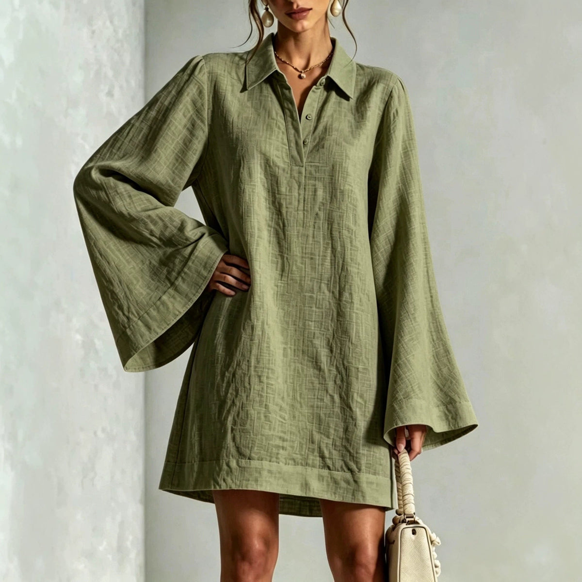 Women's Lapel Collar Flared Sleeve A-Line Midi Dress