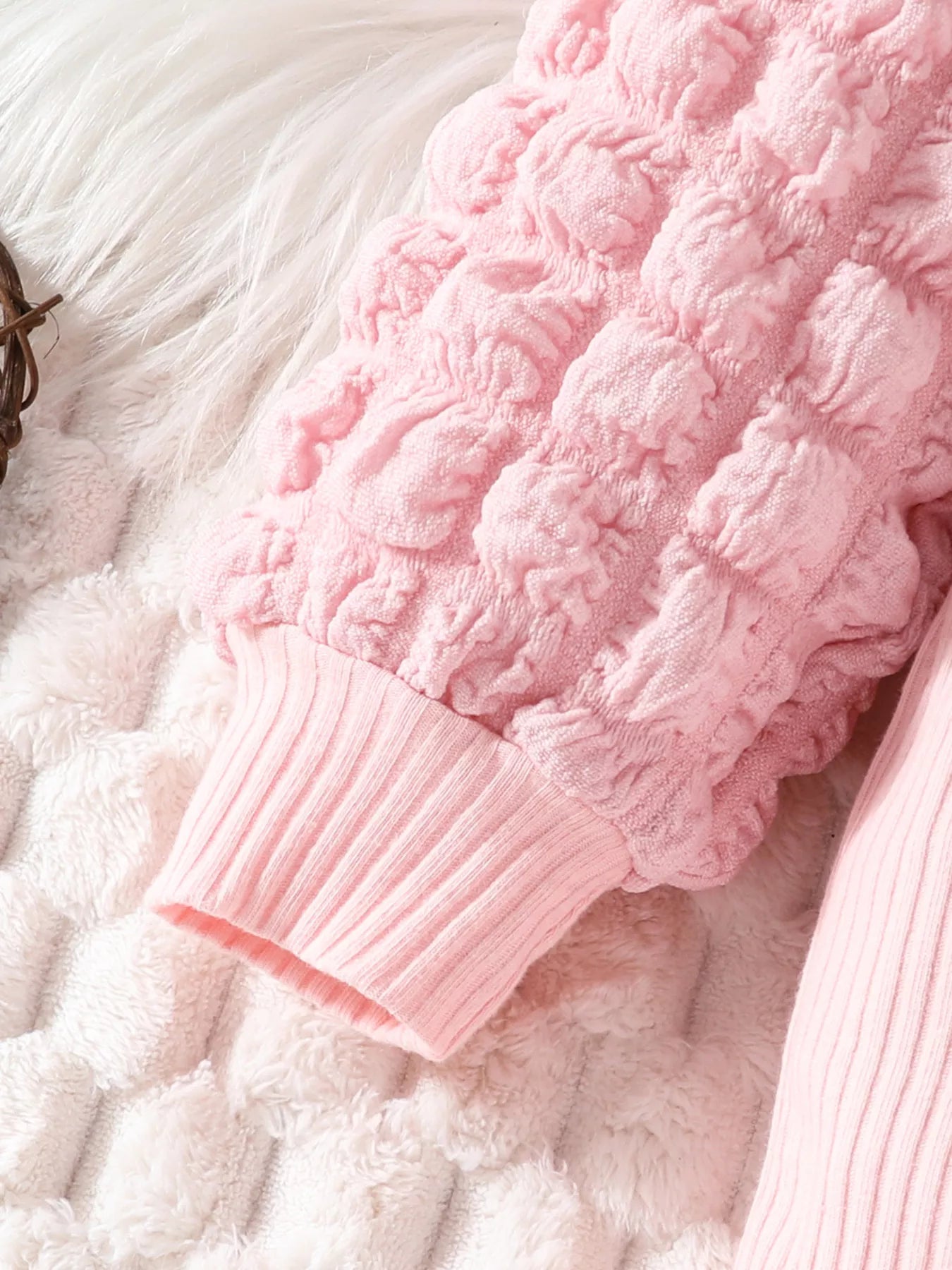 Children's Bubble Texture Long Sleeve Top and Pants Set with Headband