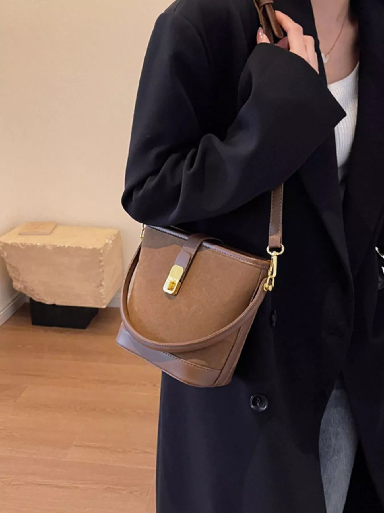 Gold Clasp Bucket Crossbody Bag