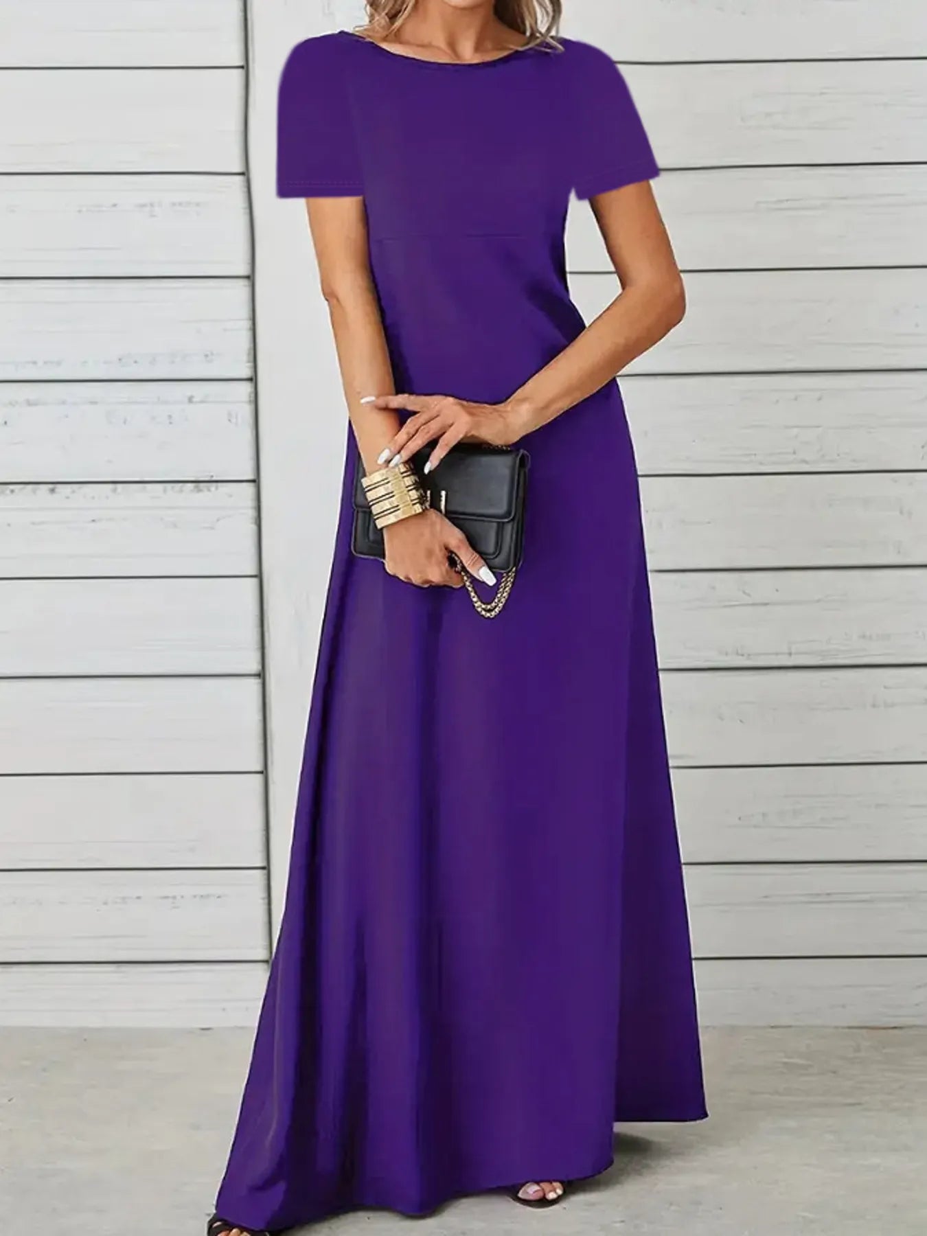 Full Size Round Neck Short Sleeve A-Line Maxi Dress Plus Size
