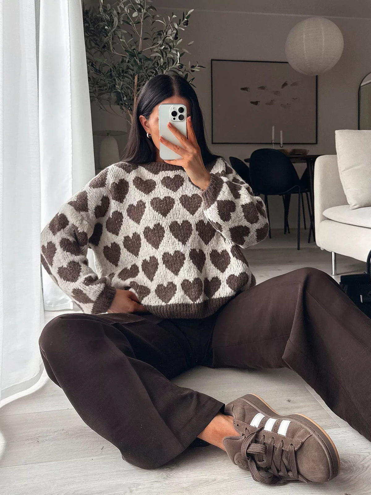 Heart Pattern Dropped Shoulder Sweater
