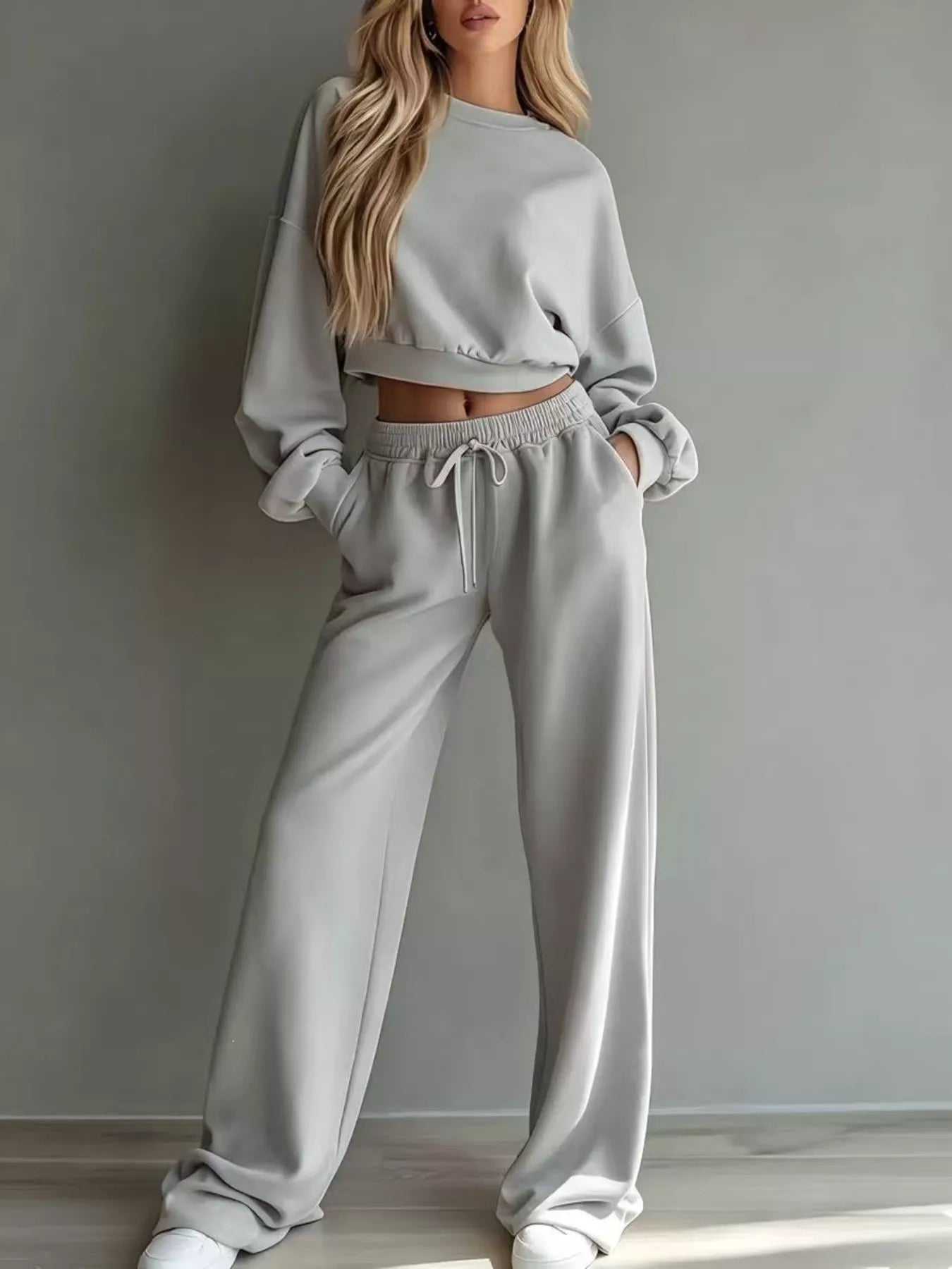 Round Neck Cropped Sweatshirt and Wide-Leg Pants Set
