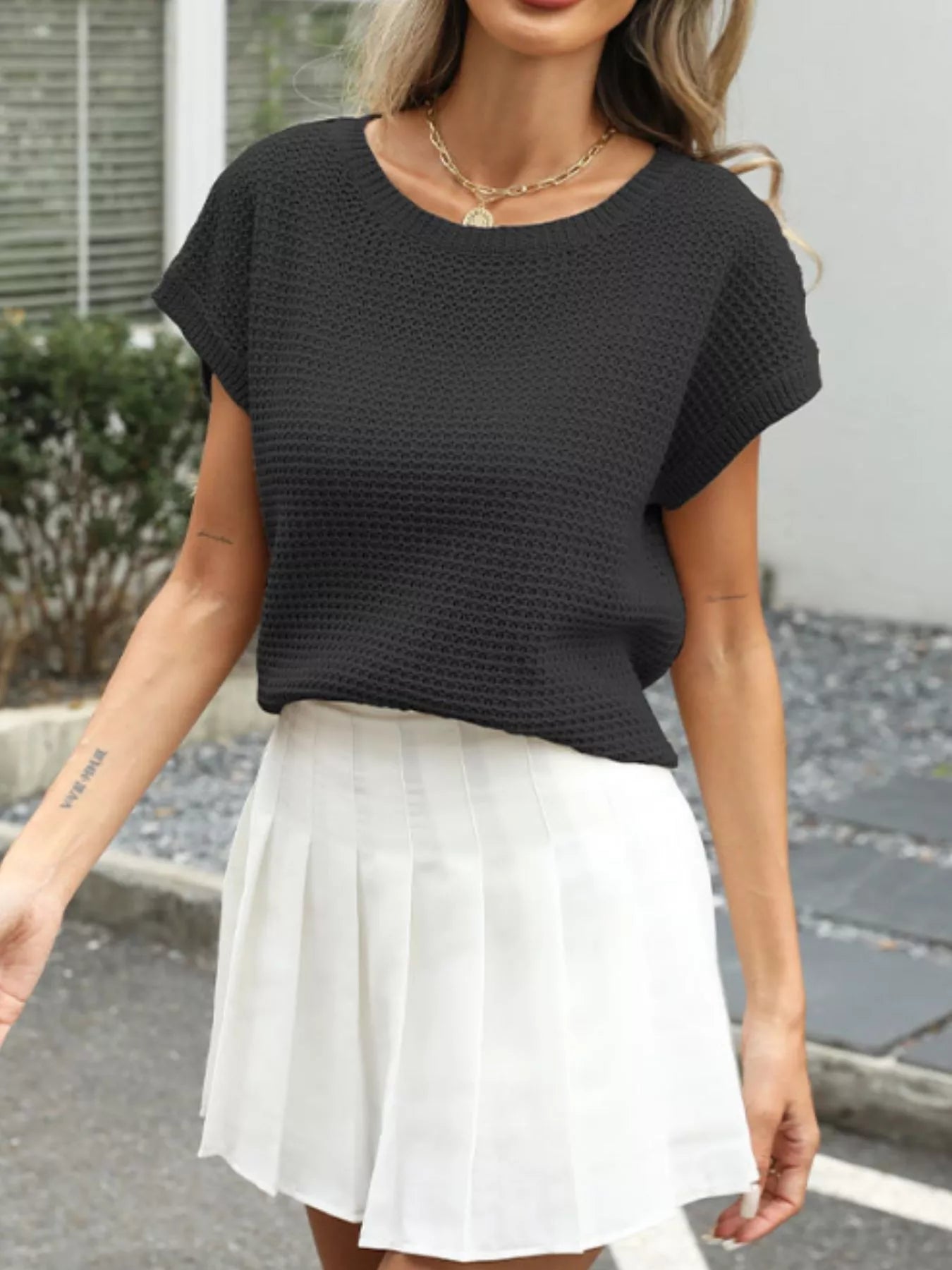 Round Neck Waffle Knit Top