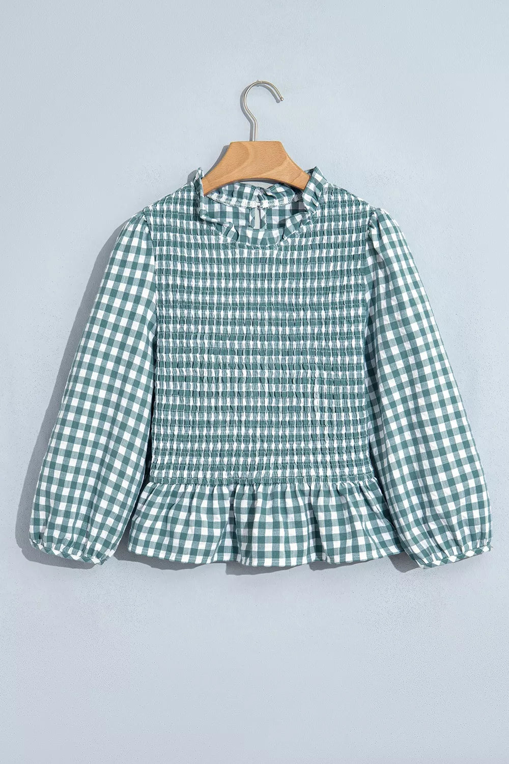3/4 Sleeve Shirred Plaid Peplum Top
