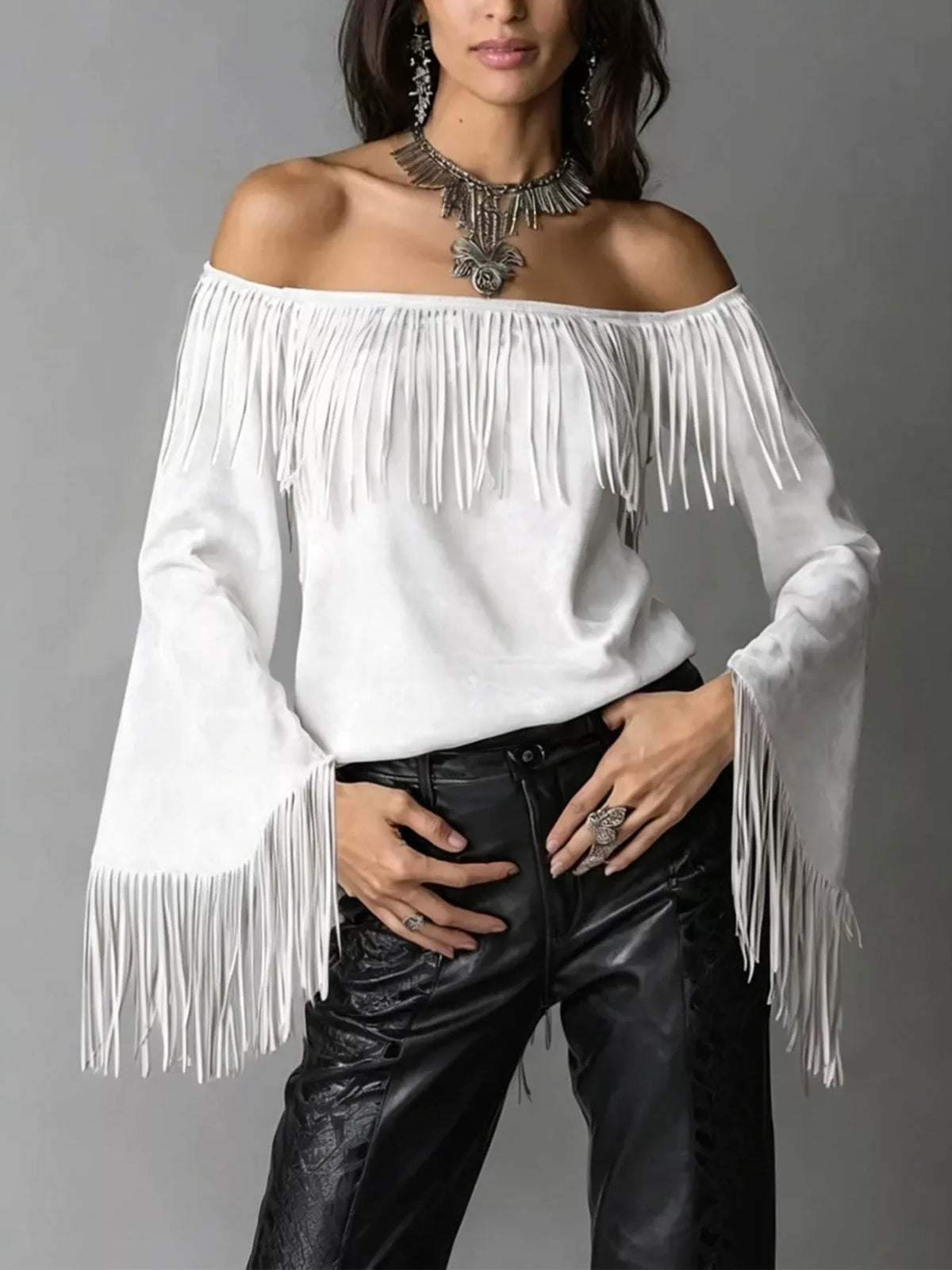 Full Size Fringed Off-Shoulder T-Shirt Plus Size
