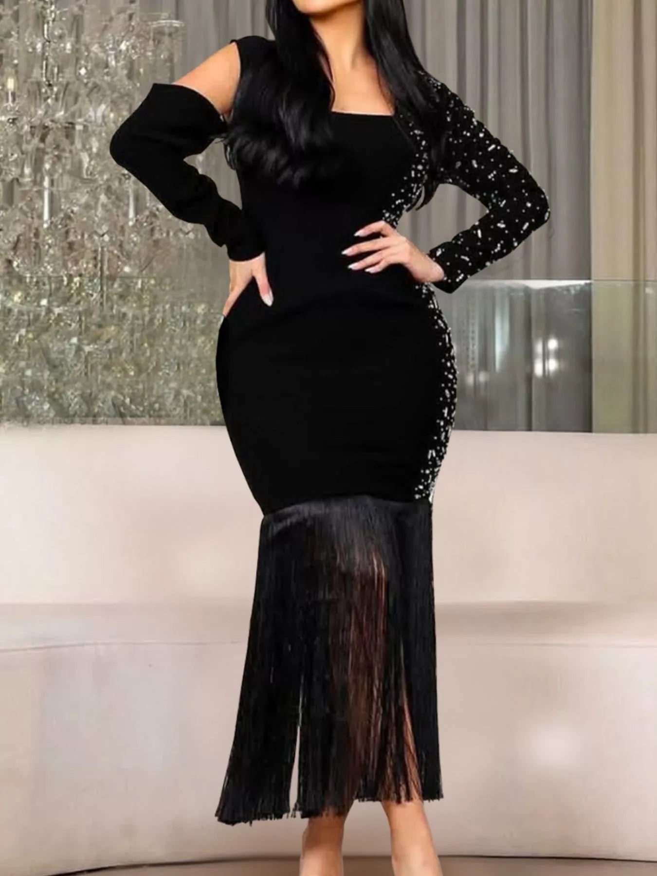 Asymmetrical Rhinestone Fringe Dress