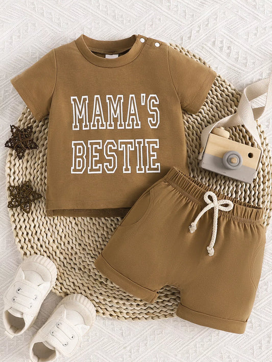 Children's Letter Round Neck Tee and Shorts Set