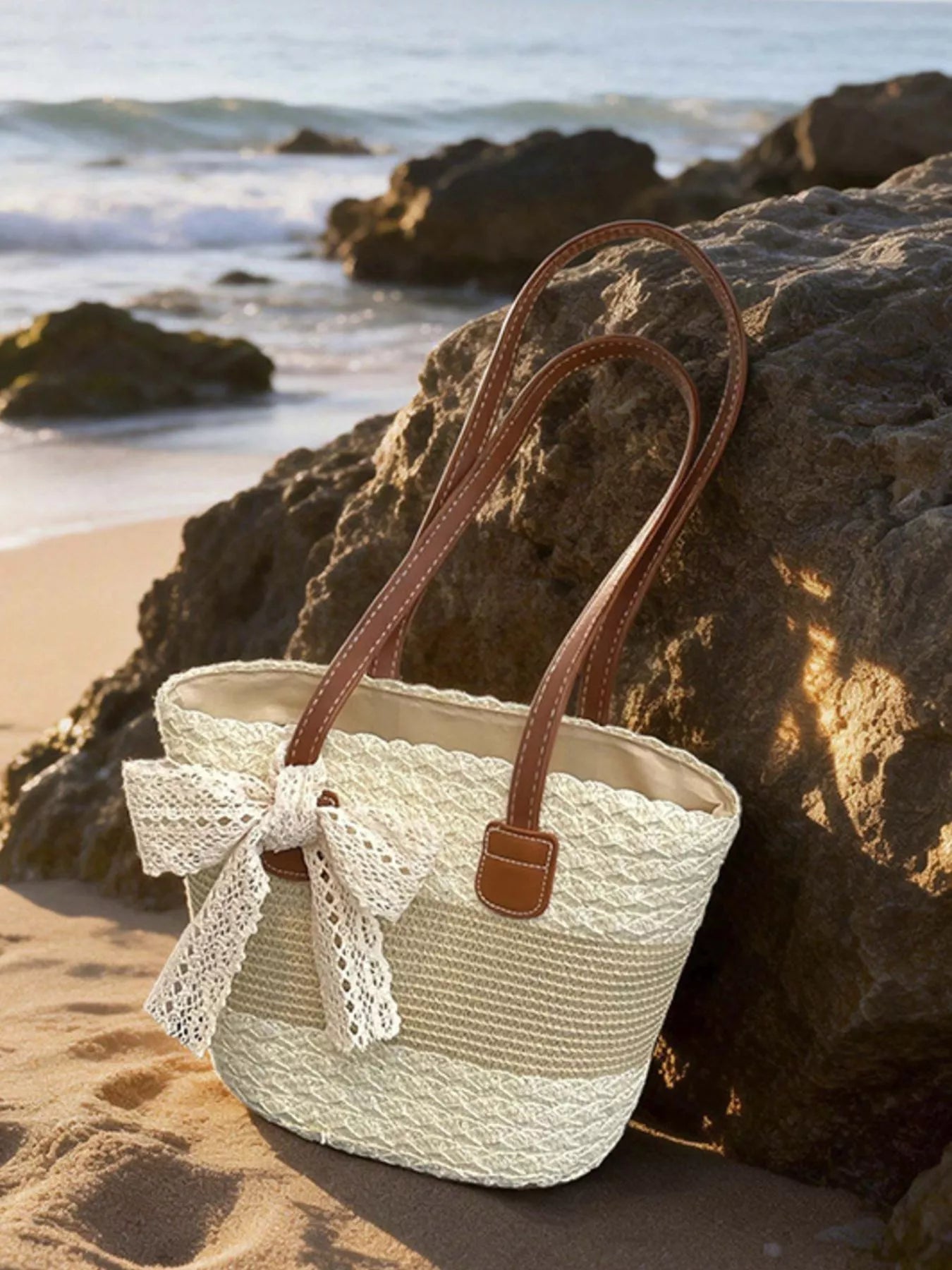 Lace Trimmed Straw Shoulder Bag