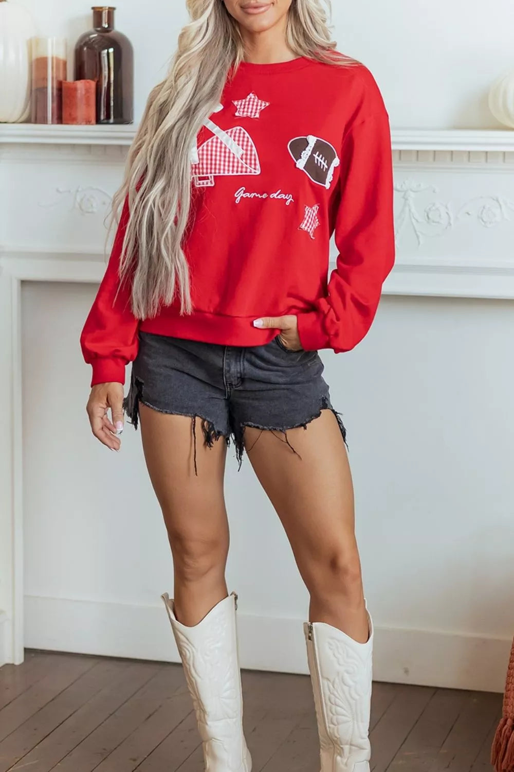 Gingham Patch Embroidered Rugby Game Day Stars Sweatshirt