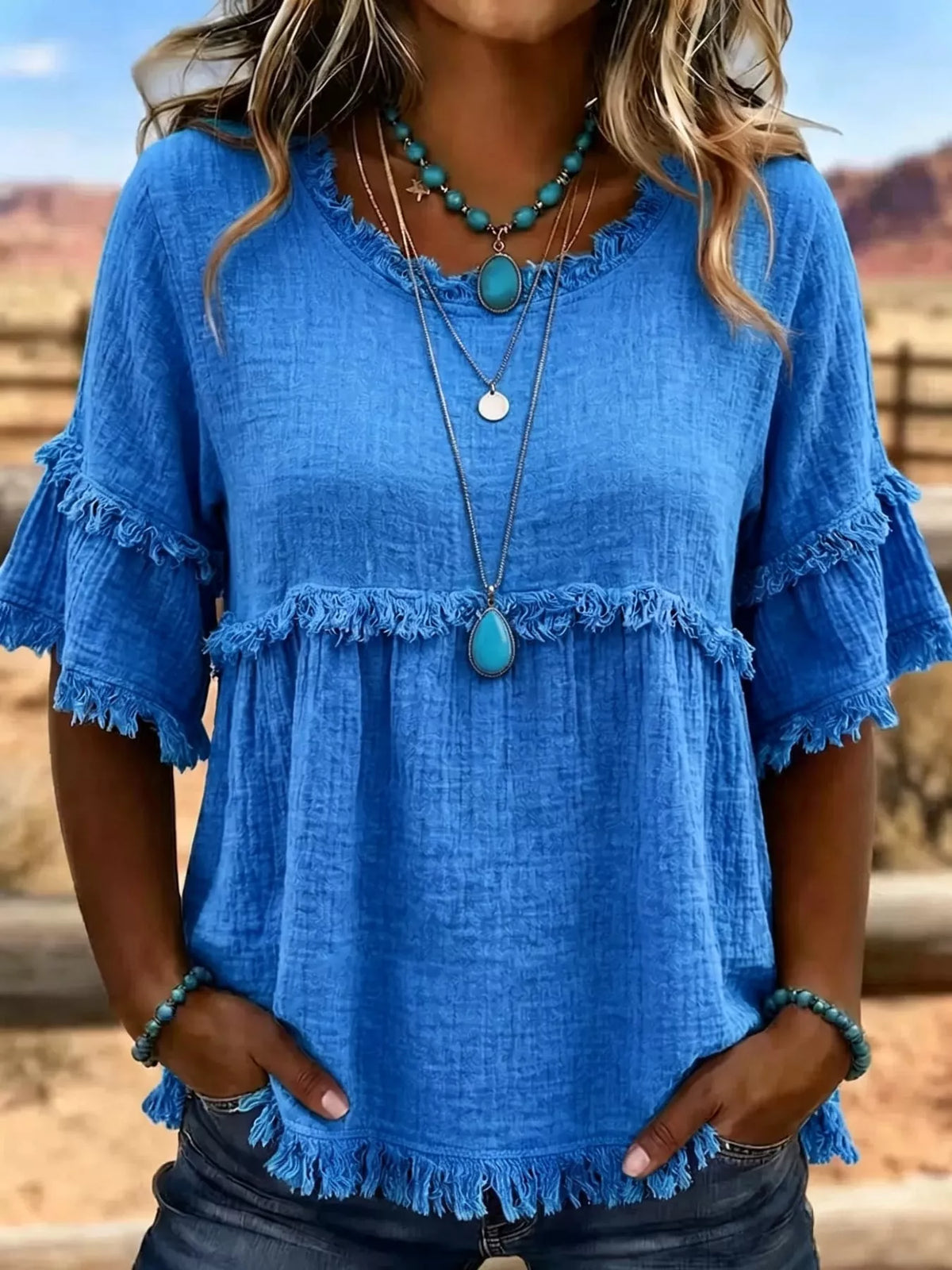Full Size Frayed Edge Textured Blouse Plus Size