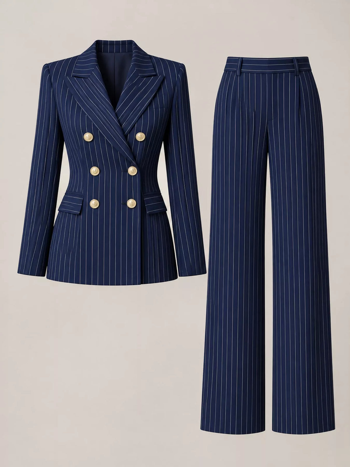 Double-Breasted Pinstripe Blazer and Wide-Leg Pants Set