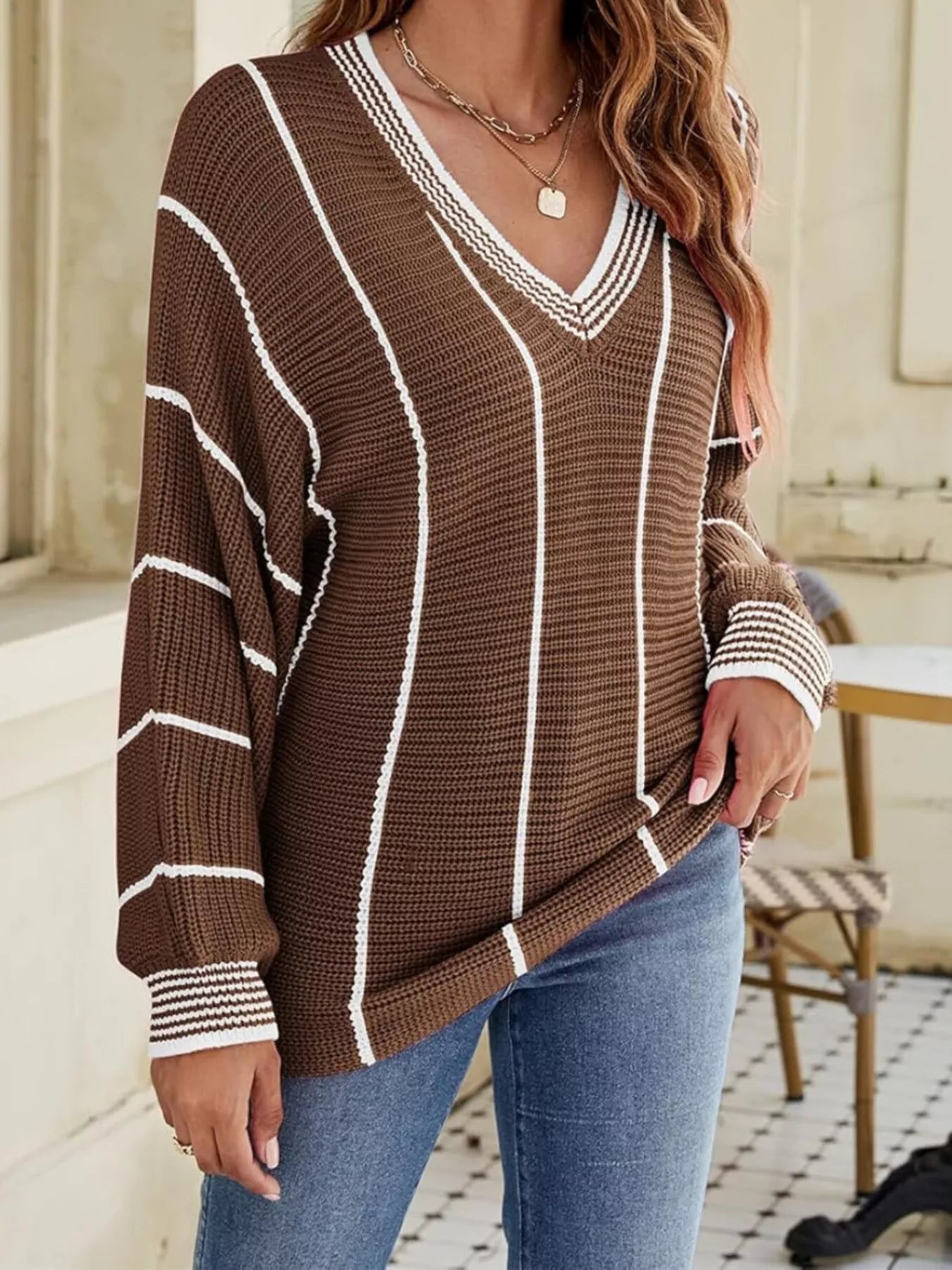 V-Neck Striped Contrast Sweater