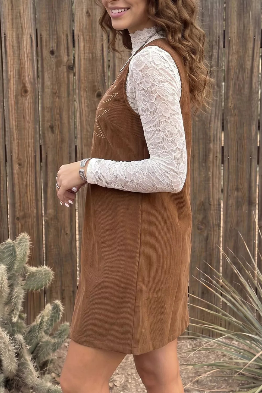 Geometric Embroidery Sleeveless Corduroy Shift Dress