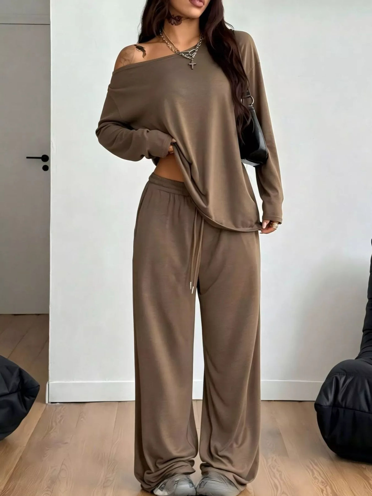 Full Size One-Shoulder Top and Drawstring Pants Set Plus Size