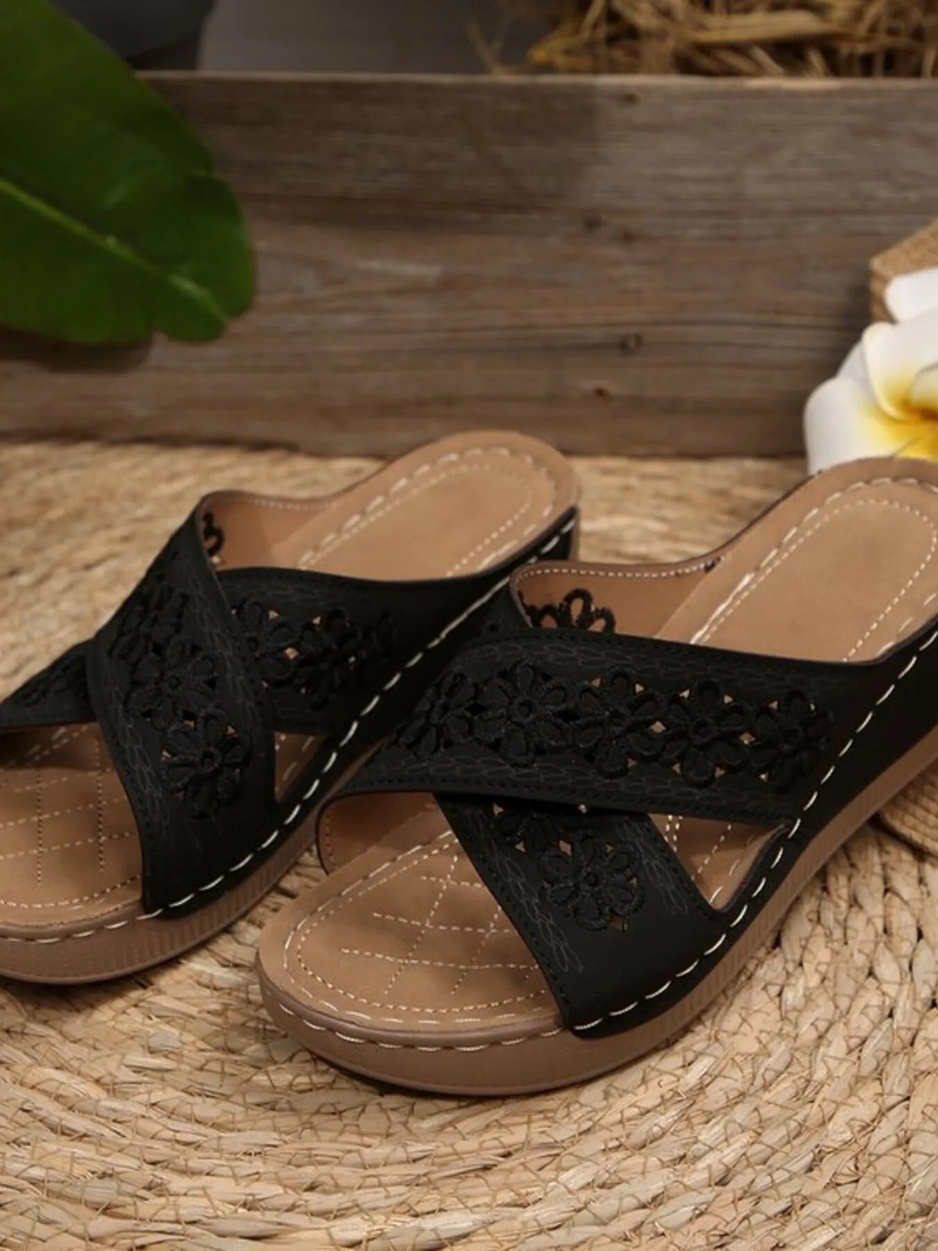 Crisscross Flower Wedge Sandals