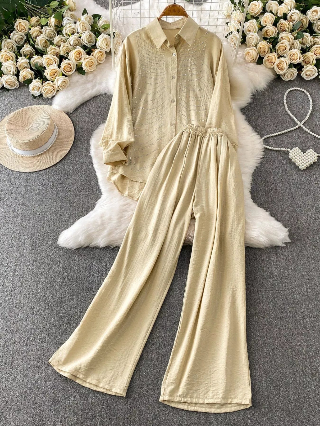 Rhinestone Button Up Shirt and Pants Set