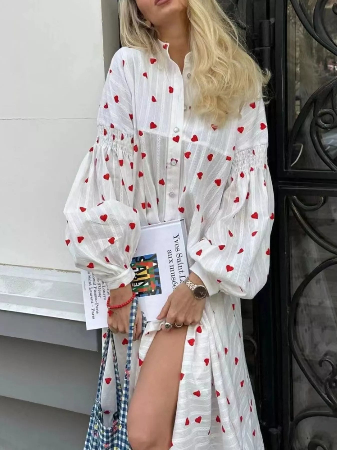 Heart Print Maxi Dress with Puff Sleeves