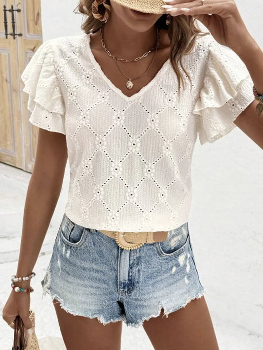 Eyelet V-Neck Short Sleeve Blouse