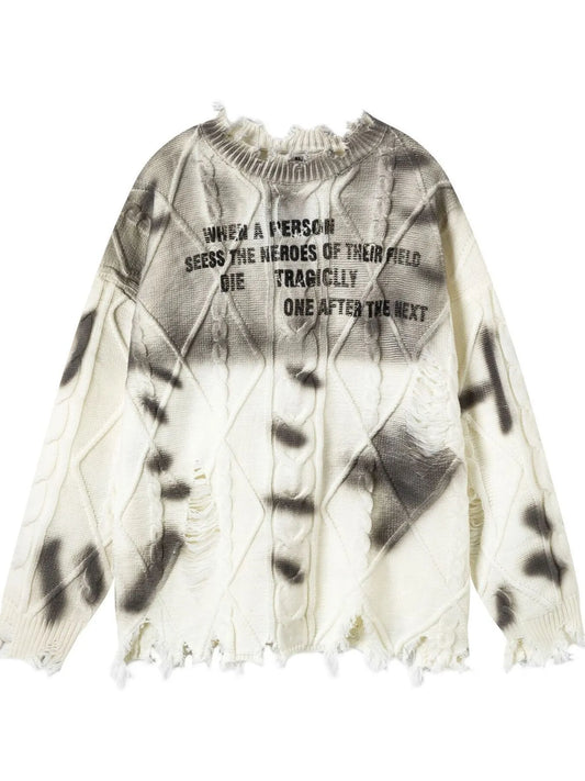 Men's Distressed Letter Round Neck Sweater