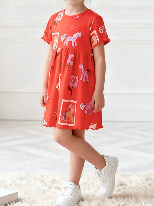 Children's Cartoon Horse Print Casual Dress