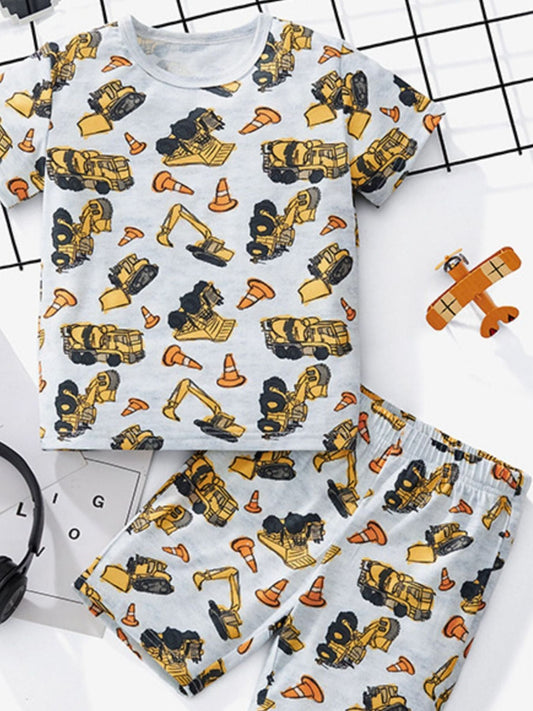 Children's Construction Vehicle Print Round Neck Tee and Shorts Set