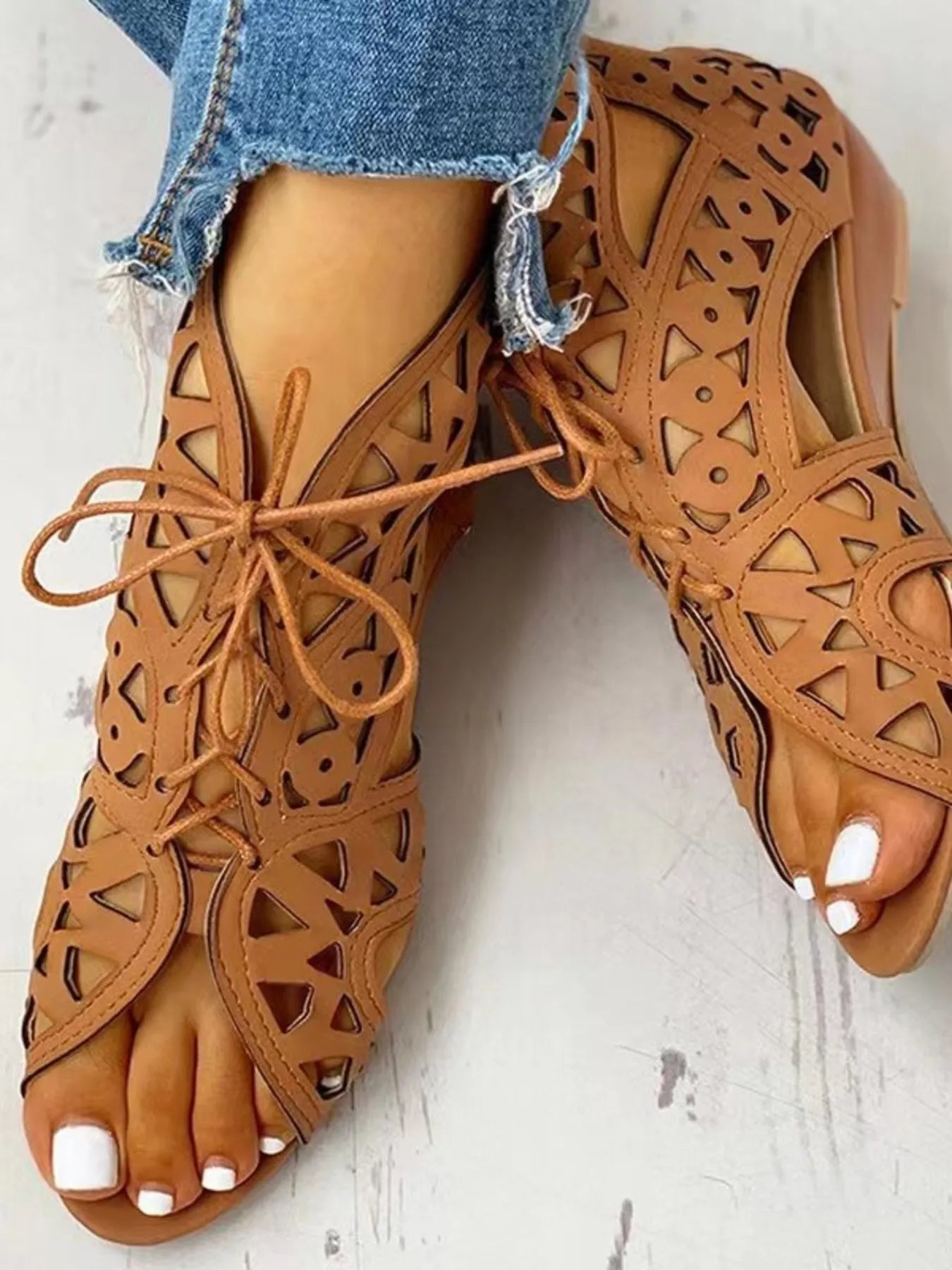 Lace-Up Geometric Cutout Sandals