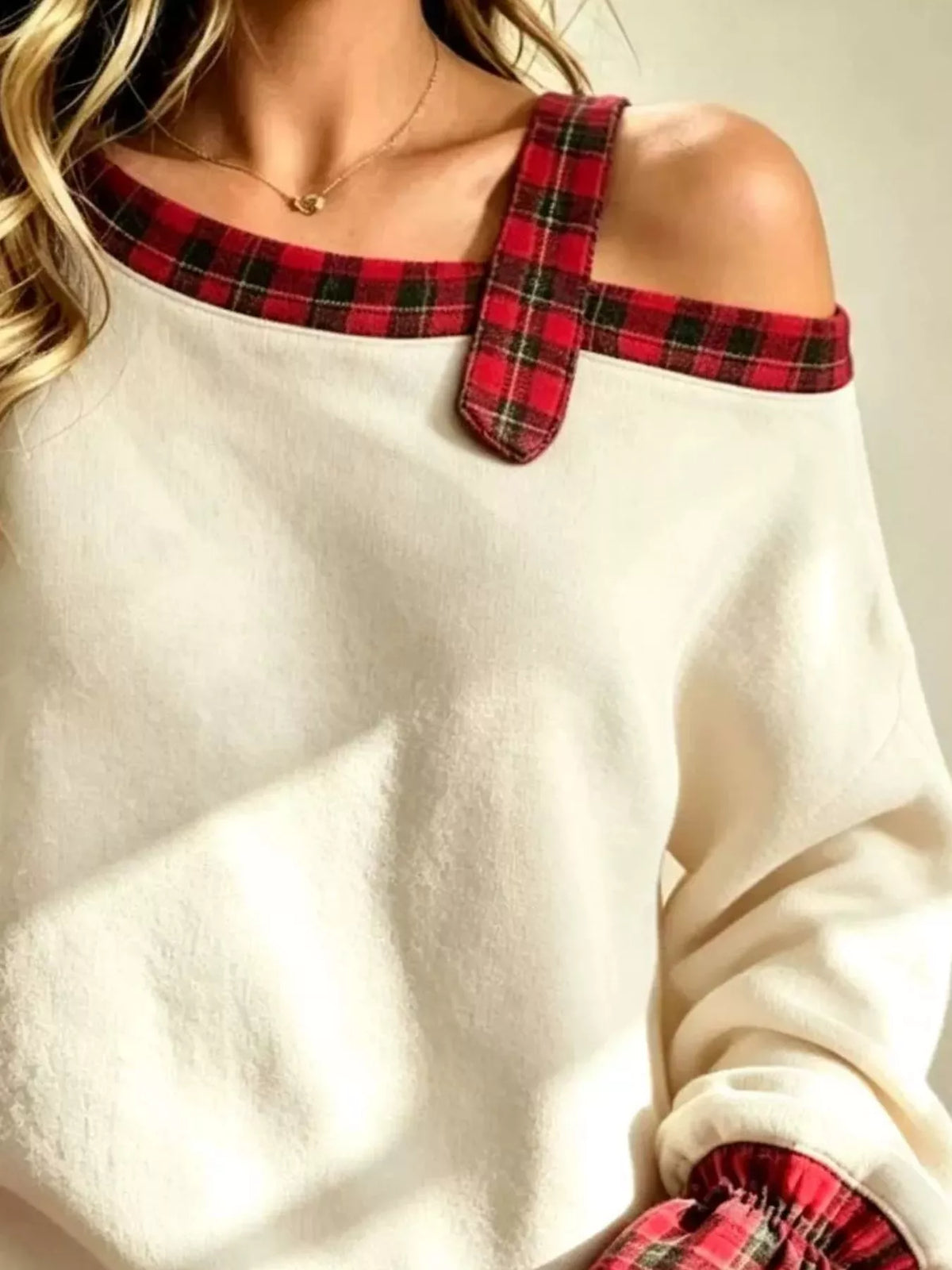 Full Size Cold-Shoulder Plaid Patchwork Long Sleeve Top Plus Size