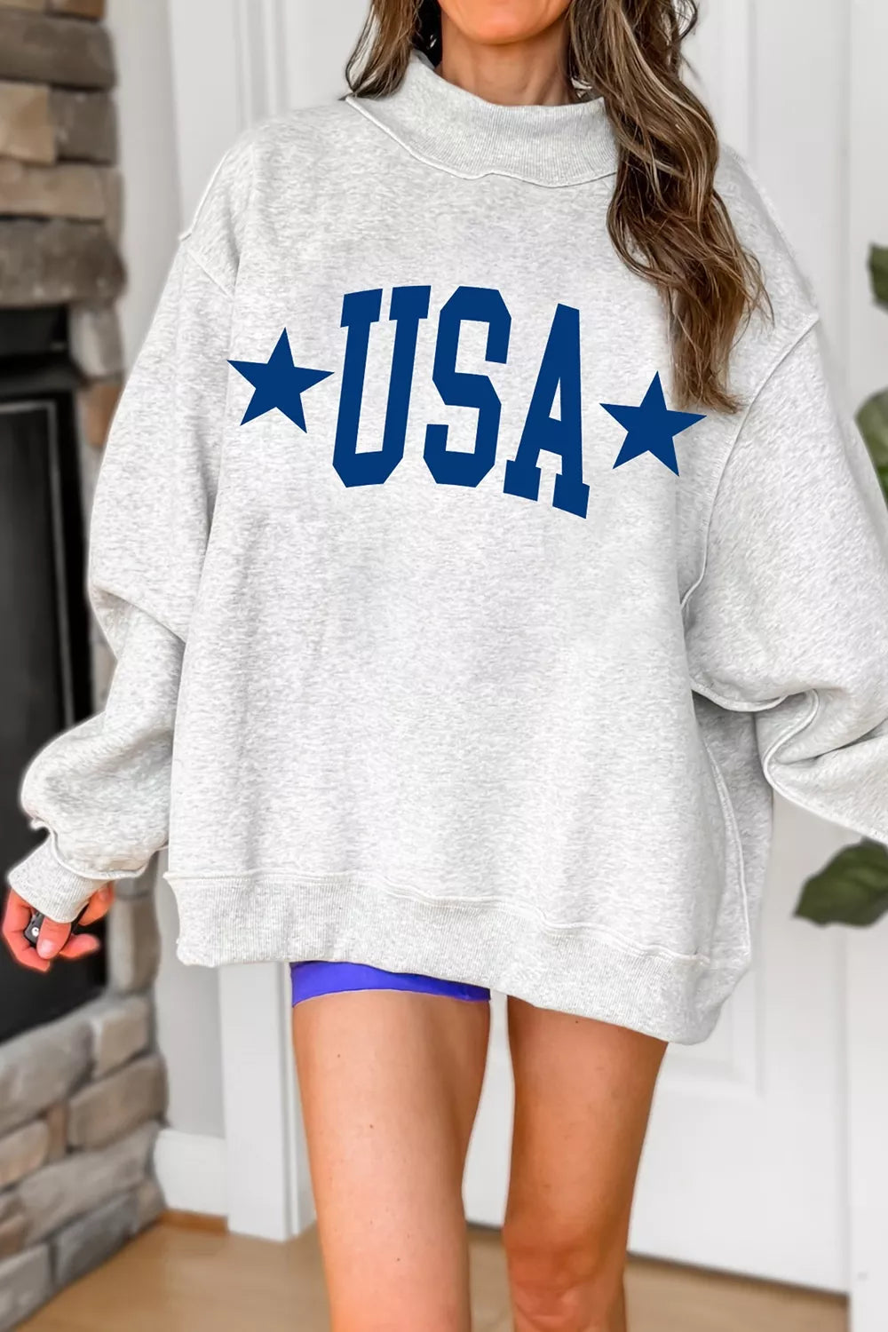 Mock Neck USA Slogan Graphic Sweatshirt