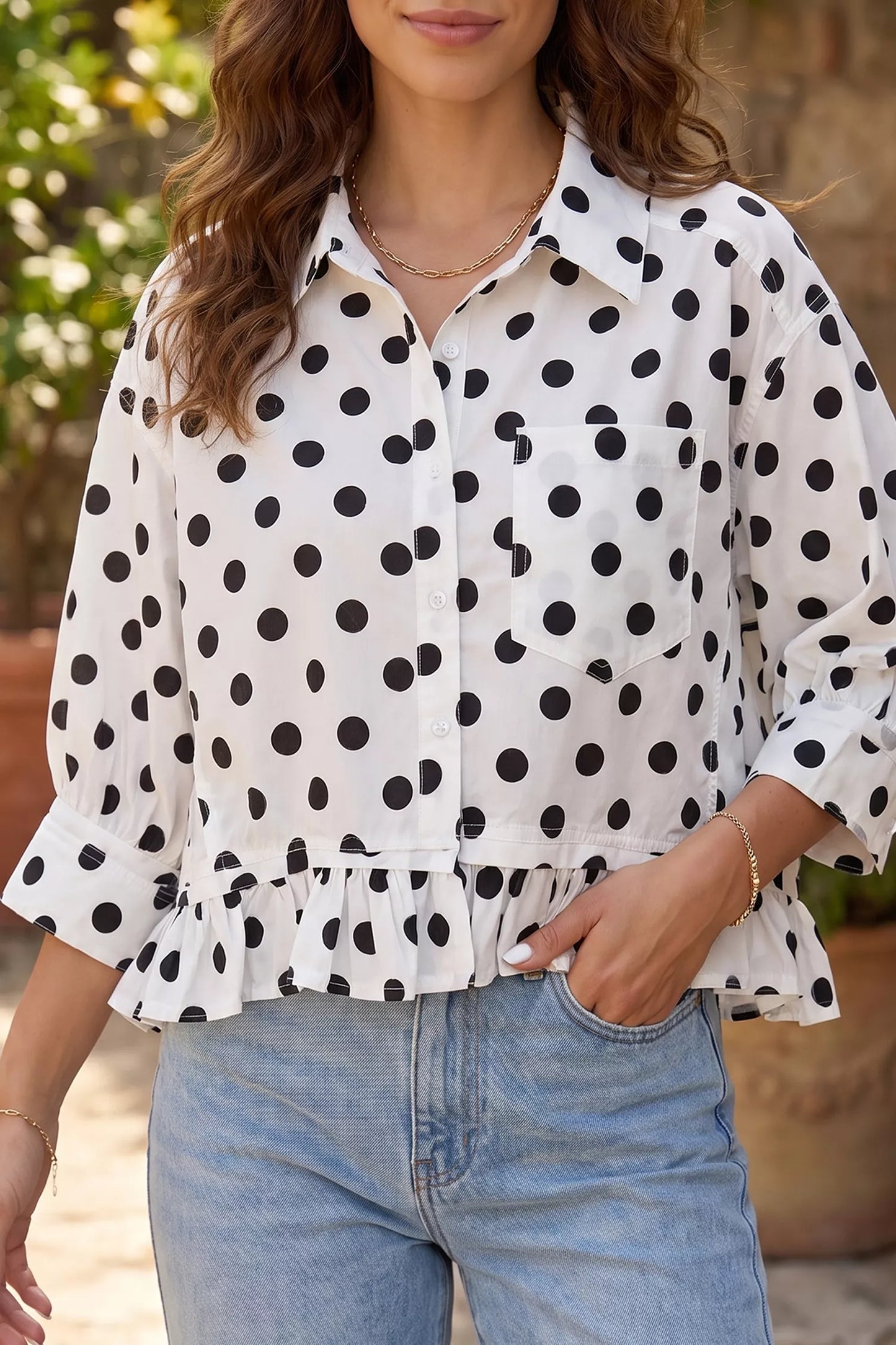 Polka Dot Print Three‑Quarter‑Sleeve Ruffle Hem Casual Shirt