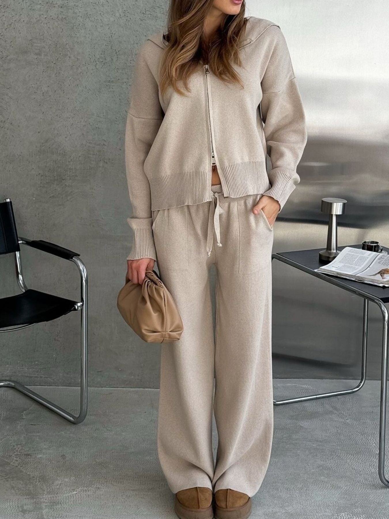 Zip Up Cardigan and Drawstring Wide Leg Pants Knit Set